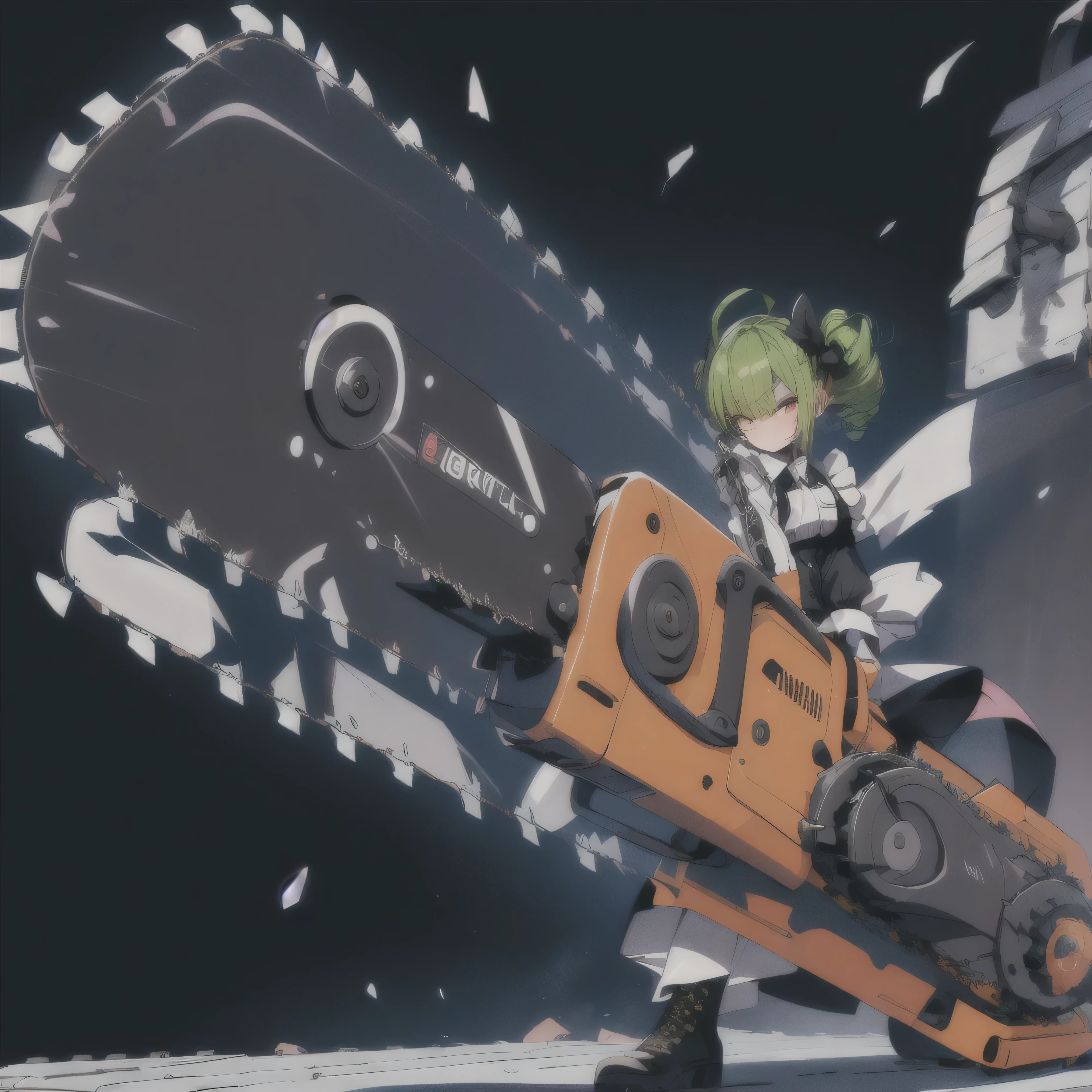 ( best quality , ultra detail ), 1 girl, Alone, Green, drill_hair, Old dress, ruffle dress, layered dress , frills, bow, ribbon, Long Sleeve, combat boots with arms, Sunrise posture, ( mechanical chainsaw , has a weapon :1.3), (cruel, shock wave:1.1), wind, neon colored dot background, vector art,