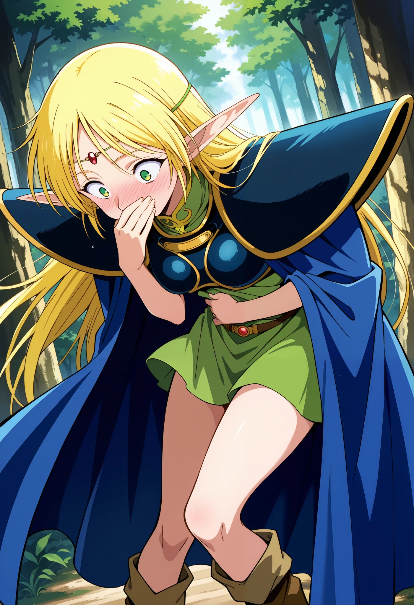 score_9,score_8_up,score_7_up,source_anime,anime,rating_explicit,High quality,Ultra detailed,best quality,insanely detailed,beautiful,masterpiece,perfect lighting BREAK day,outdoors, deedlit, 1girl, solo, blonde hair, long hair, elf, pointy ears, long pointy ears, green eyes, wide-eyed, medium breasts, a surprised
face, nose blush, blush, green dress, mini skirt, circlet, sleeveless,shoulder armor,armor,breastplate,cloak,blue cloak,boots, front view, looking down, head down, forest, standing, leaning forward, wind, a fluttering hair, hand on own mouth, hand over mouth, covering mouth with own hand, hand on own stomach, holding own stomach. Dutch angle.
