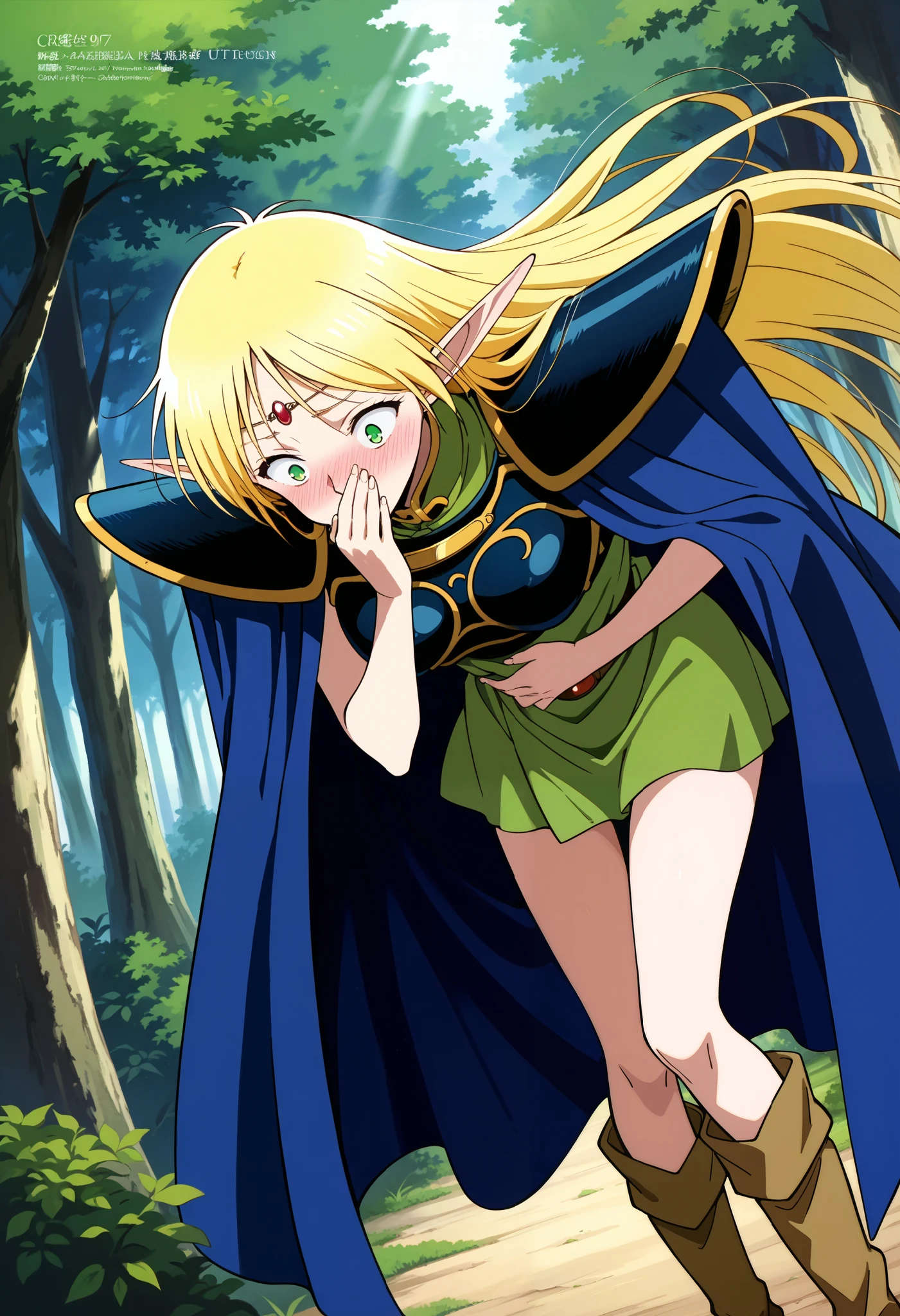 score_9,score_8_up,score_7_up,source_anime,anime,rating_explicit,High quality,Ultra detailed,best quality,insanely detailed,beautiful,masterpiece,perfect lighting BREAK day,outdoors, deedlit, 1girl, solo, blonde hair, long hair, elf, pointy ears, long pointy ears, green eyes, wide-eyed, medium breasts, a surprised
face, nose blush, blush, green dress, mini skirt, circlet, sleeveless,shoulder armor,armor,breastplate,cloak,blue cloak,boots, front view, looking down, head down, forest, standing, leaning forward, wind, a fluttering hair, hand on own mouth, hand over mouth, covering mouth with own hand, hand on own stomach, holding own stomach. Dutch angle.