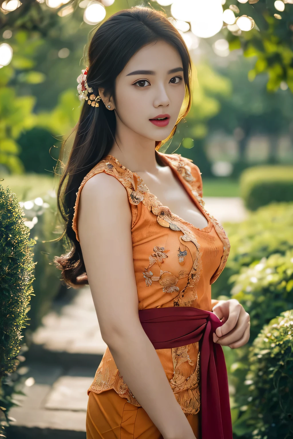 Close-up of a woman wearing a dark green t-shirt., Thai girl anime, traditional outfit, According to Thawan Duchanee's style, Wear a luxurious silk dress, Thai art, traditional clothing beautiful asian girl,stereoscopic 8k,45 high quality colored lights,000,000,000 pixels, photo, post-trade photo, animation, beautiful portrait,