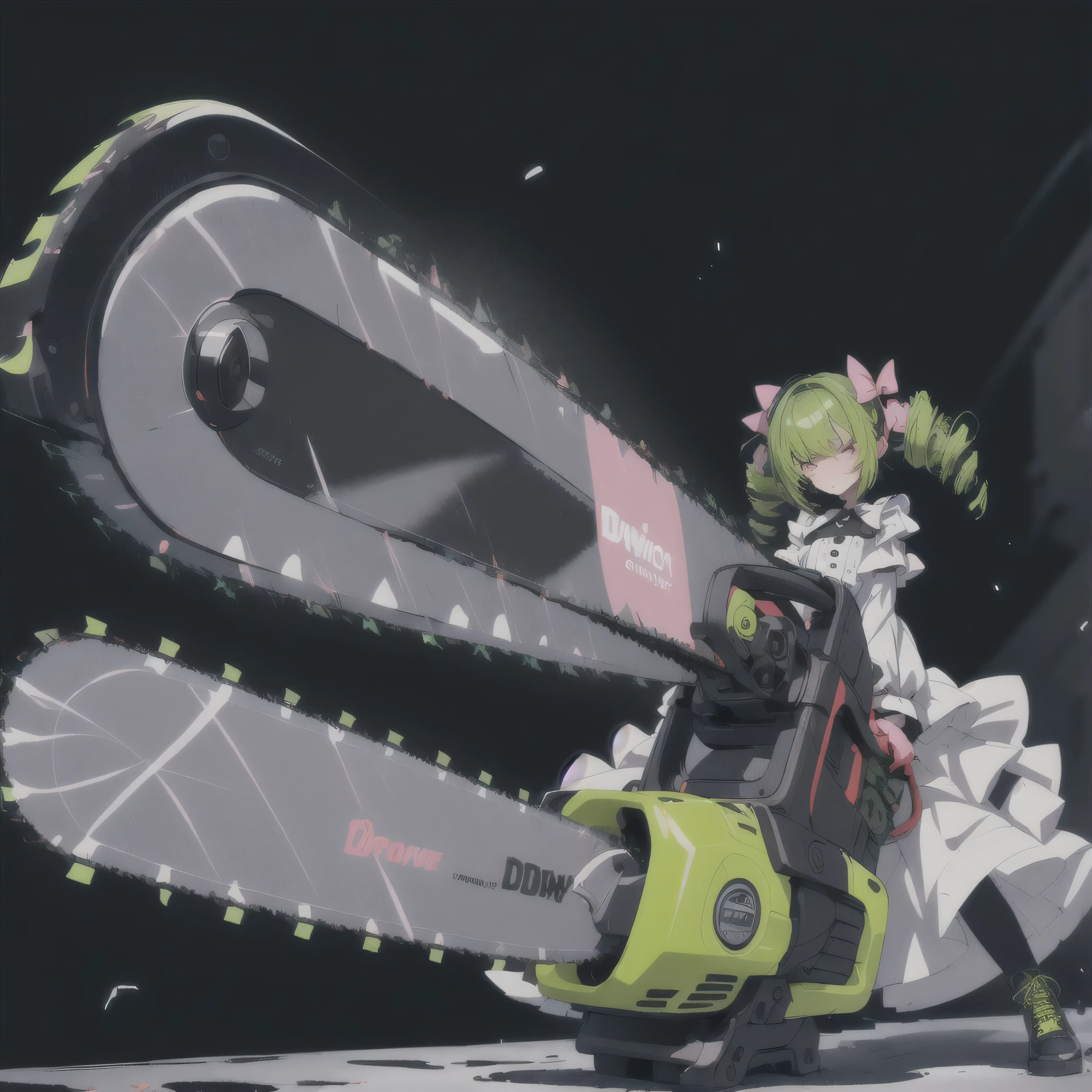 ( best quality , ultra detail ), 1 girl, Alone, Green, drill_hair, Old dress, ruffle dress, layered dress , frills, bow, ribbon, Long Sleeve, combat boots with arms, Sunrise posture, ( mechanical chainsaw , has a weapon :1.3), (cruel, shock wave:1.1), wind, neon colored dot background, vector art,