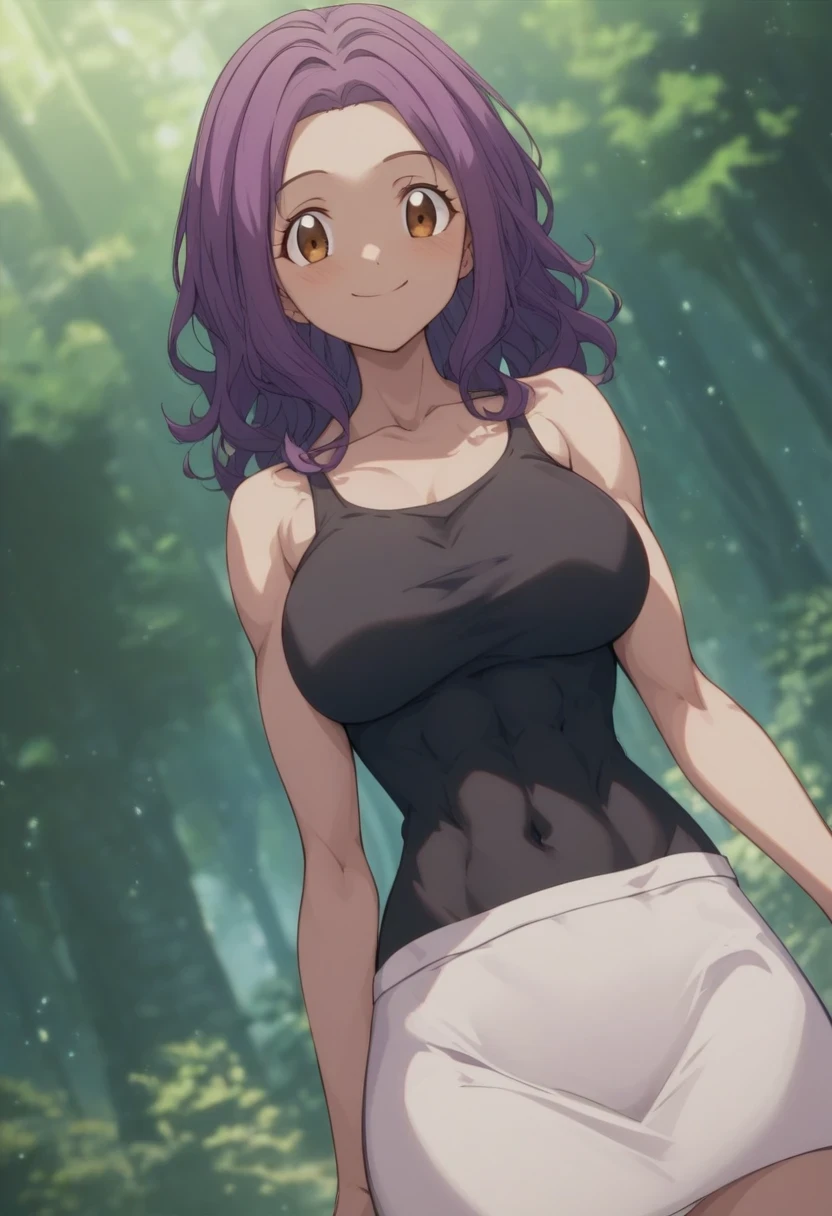 score 9、score 8 up、score 7 up、score 6 up、score 5 up、source anime、anime coloring、 best quality 、 high resolution、masterpiece、 1girl 、 Digimon Adventure 02 、mimi tachikawa 、anime coloring、cartoon、anime coloring、Purple Hair、 long hair、 brown eyes、 Medium Hair、amount、 wavy hair、eyelash、Alone、 black tank top 、Big Breasts、 girl with big breasts、 skin tight tank top、biceps、triceps、collarbone、 White Miniskirt 、covered navel、 white tight skirt 、smile、 toned body 、nihilic vibe 、 cool vibe 、 standing、Outdoors、(forest, Dawn,  speckled sunlight )、looking at viewer、 cowboy shot 、dutch angle、