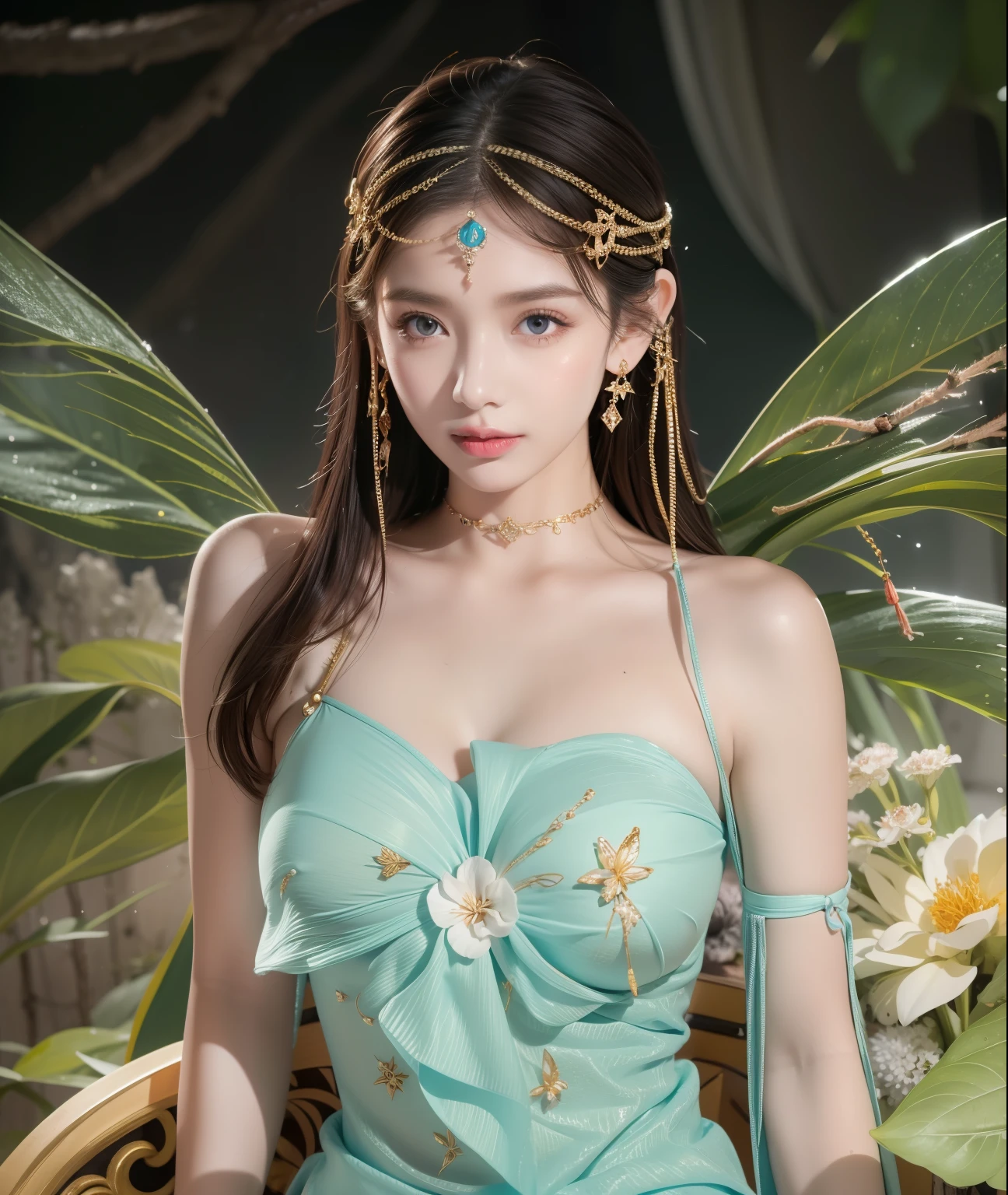 Realistic style,8k picture quality,Very detailed, Delicate face, Photos by Realisticstyle, Stock Photography , rich and colorful, Surreal, Realistic textures, Dramatic Lighting, Distiller 800 (8k, original photo, Better quality, masterpiece: 1.2), Very detailed, (Extremely delicate skin: 1.2), 8k Ultra HD, SLR camera, Soft Light, high quality, Frozen Queen, Queen, snow castle,Blue pupils,Apply red lipstick,Very delicate tattoo design,Gold Jewelry,Forest Goddess