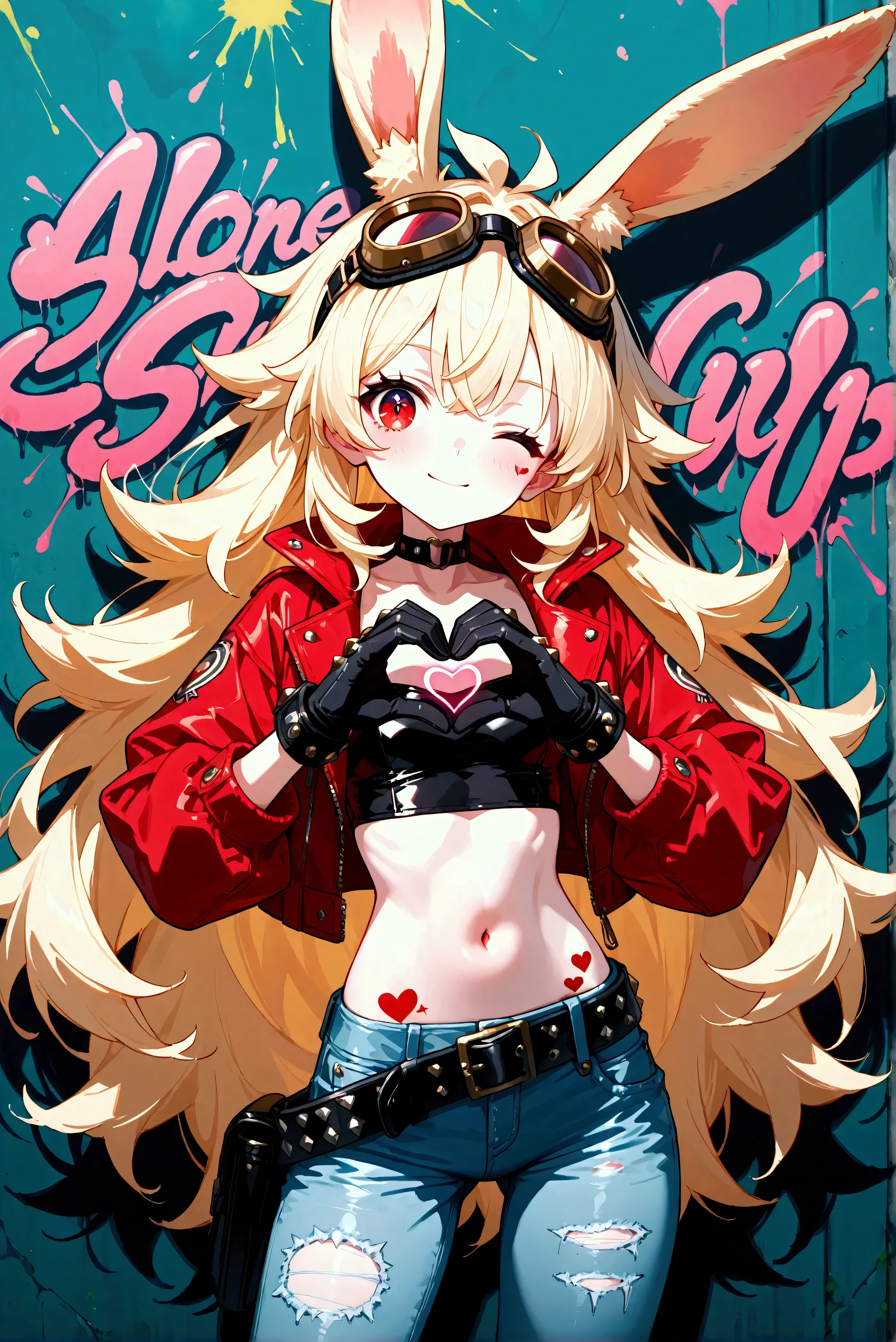 (score_9, score_8_up, score_7_up), (Alone:1.2), 1girl\(cute, cute,(wink:1.4),heart hands:1.4, heart hands:1.4), Red Short jacket \(Beautiful Blonde:1.2\Detailed:1.3),(long hair:1.1),(Bunny Head:1.5), red eyes, (Beautiful eyes drawn in detail:1.4),Spiral pupil, (Big Eyes),(chest:1.4),(White skin:1.3), (Punk Fashion:1.6), (Tight tube top),(Ripped jeans with a big belt),(The stomach is visible:0.8),(Abdominal muscles:0.8),(Studded gloves:1.4), (goggles:1.4), (Real rabbit ears:1.6, Real rabbit ears:1.4),(Bunny ears:1.6), (bang:1.2)\), break background\(heart marks:1.3\), (Cowboy Shot:1.4, Cowboy Shot:1.4), (Incredible clothing detail:1.3, Representing soft animal fur, Fluffy hair: 1.3, Detailed body expression: 1.3, Perfect detail: 1.3), Pop Art, Vibrant colors, (Graffiti art:0.5), 8k wallpaper