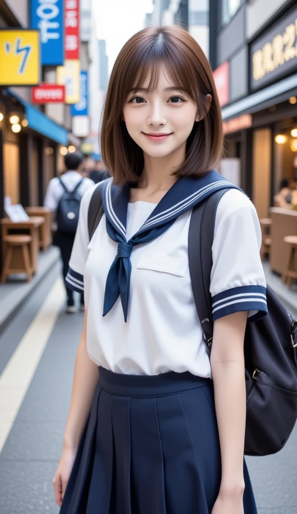 (masterpiece,  best quality :1.2),  one girl, Alone, 1,  Japanese woman, Super cute idol-like face , Beautiful model-like figure,  Big Eyes with Double Eyelids ,Glasses、 ( white shirt,  Sailor school uniform,  navy blue pleated skirt:1.2),  dark brown hair ,  MEDIUM STRAIGHT HAIR , With bangs, Carry a backpack to school, smile, The background is Shibuya Ward, Tokyo.