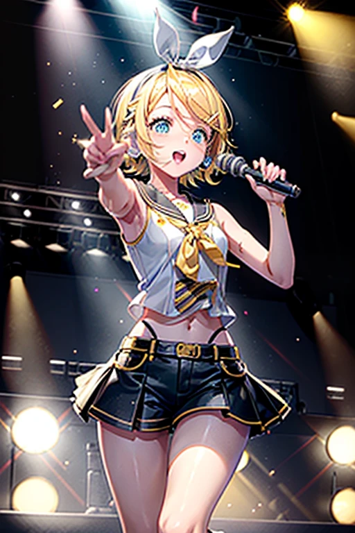 (Anime style:1.3), (Realistic, Photorealistic: 1.37), (Masterpiece, Best Quality: 1.37), (Ultra High Resolution: 1.2), (RAW Photo: 1.2), (Sharp Focus: 1.3), (Face Focus: 1.2), (Ultra Detailed CG Unified 8k Wallpaper: 1.2), (Beautiful Skin: 1.2), (pale Skin: 1.3), (Hyper Sharp Focus: 1.5), (Ultra Sharp Focus: 1.5), ( Beautiful pretty face: 1.3), (Japanese actress face:1.3), (super detailed background, detail background: 1.3), masterpiece, best quality, high res, ultra detailed, hyper sharp, absurdres, detailed face, white skin, real human skin, (detailed face), oval face, pores, from below, low angle, looking down the viewer, ultra high res, (8k, RAW photo, photorealistic:1.4), BREAK, 1girl, slim, (large-breast:1.37, cleavage), Illustration of a scene in which an idol singer is singing enthusiastically on a live stage.
The idol singer is standing in the center of the stage.
The idol singer is wearing a mini-skirt and boots.
The idol singer has her hair up and is wearing a headset.
The idol singer is holding a microphone and singing.
The idol singer's expression is serious and powerful.
The singer's voice is strong and beautiful.
Fans are gathered around the stage.
Fans are singing and dancing along with the idol singers.
The venue is filled with excitement.
This illustration shows the passionate live performance of an idol singer. Fans are fascinated by the idol singer's voice and performance. The venue is filled with excitement and the idol singer's live performance is a success.