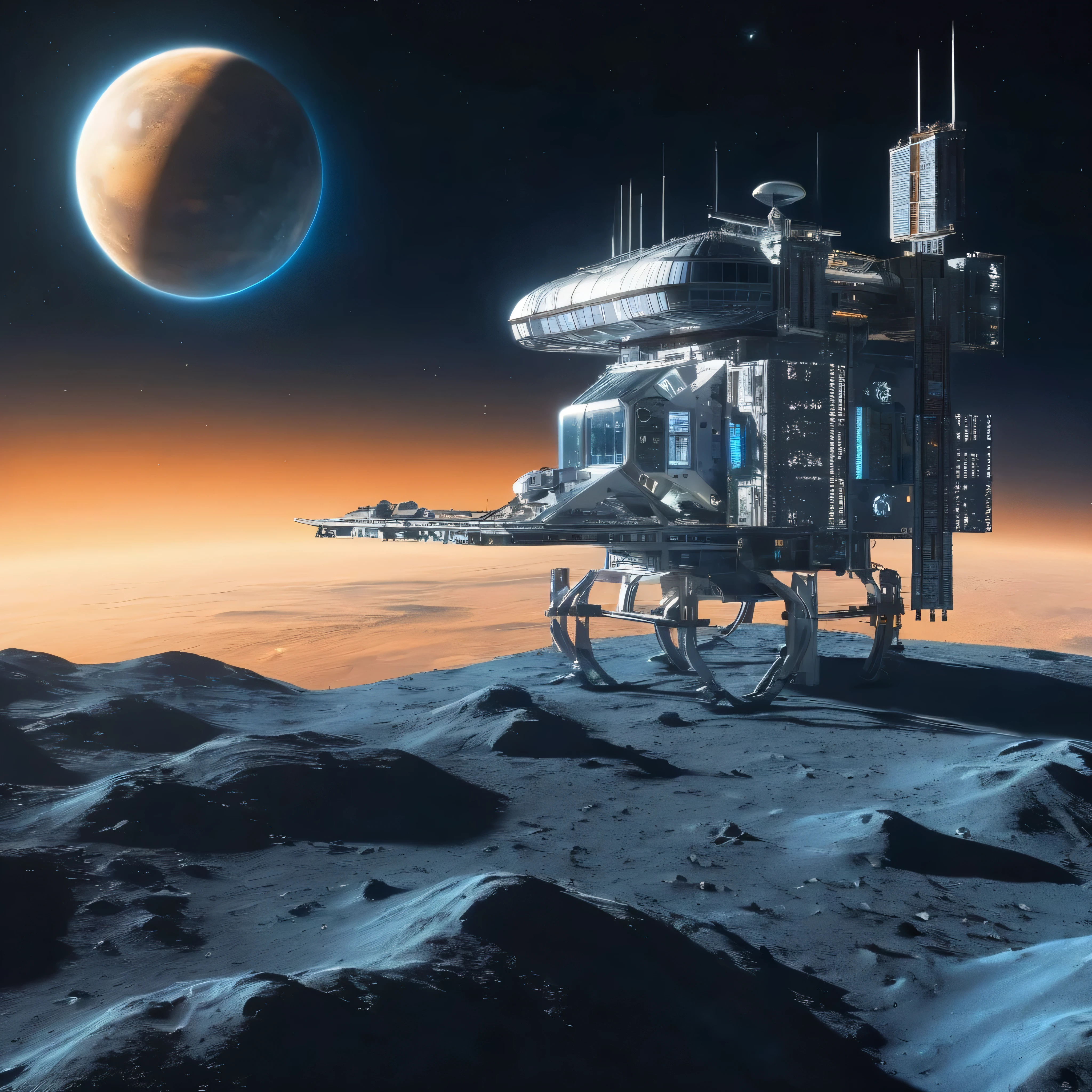  Bird Eye Views, alien metropolis on the moon , the space station and energy center have been treated to look surreal 未来的な月面居住地に位置している, accessible by space elevator , spewing blue flames , the space station and energy center have been treated to look surreal 、 space station and energy center are rendered in a digital illustration style focusing on the futuristic architecture of the {x} settlement located in a futuristic lunar colony,Earth,satellite,( with a lunar buggy :1.2),( rendered in the style of 3D rendering :1.4),
 space station wireframe hologram , space station wireframe hologram 、 , Blue and white ,
( the space station's body doesn't light up :1.2),(Dark Blue Background:1.2),(Nebula and the Sun :1.3),