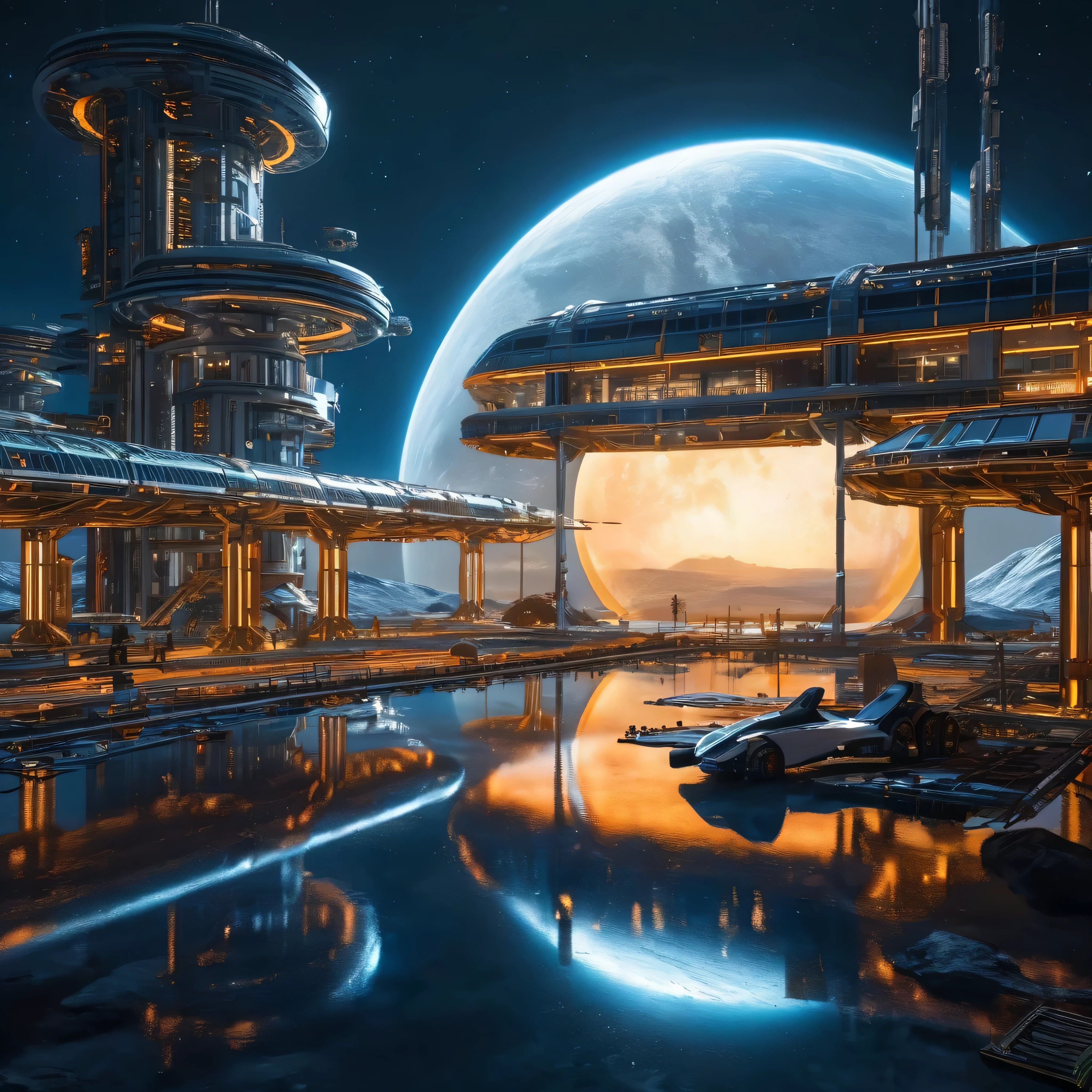 Bird Eye Views, alien metropolis on the moon , the space station and energy center have been treated to look surreal 未来的な月面居住地に位置している, accessible by space elevator , spewing blue flames , the space station and energy center have been treated to look surreal 、 space station and energy center are rendered in a digital illustration style focusing on the futuristic architecture of the {x} settlement located in a futuristic lunar colony,Earth,satellite,( with a lunar buggy :1.2),( rendered in the style of 3D rendering :1.4),
space station wireframe hologram , space station wireframe hologram 、 , Blue and white ,
( the space station's body doesn't light up :1.2),(Dark Blue Background:1.2),(Nebula and the Sun :1.3),