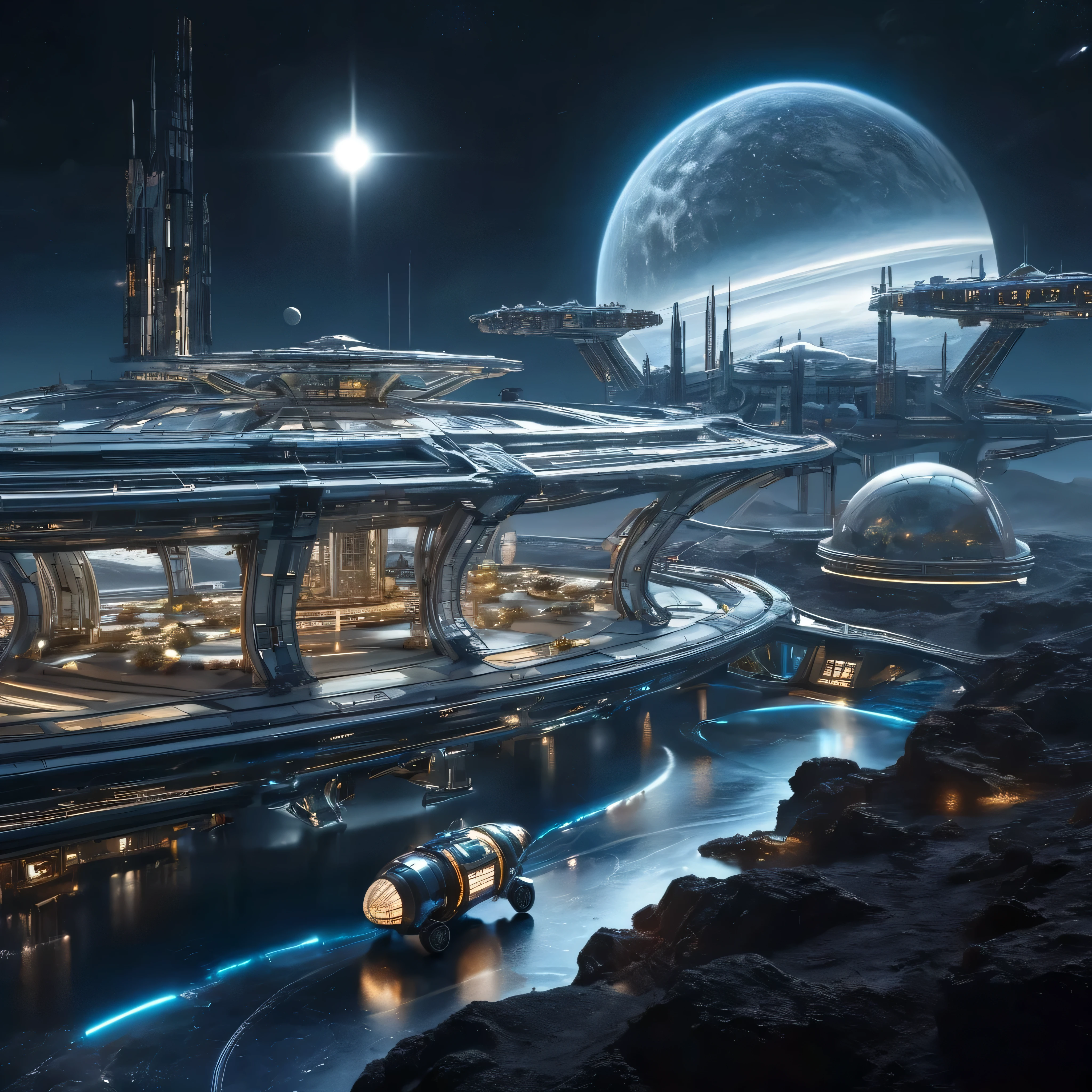 Bird Eye Views, alien metropolis on the moon , the space station and energy center have been treated to look surreal 未来的な月面居住地に位置している, accessible by space elevator , spewing blue flames , the space station and energy center have been treated to look surreal 、 space station and energy center are rendered in a digital illustration style focusing on the futuristic architecture of the {x} settlement located in a futuristic lunar colony,Earth,satellite,( with a lunar buggy :1.2),( rendered in the style of 3D rendering :1.4),
space station wireframe hologram , space station wireframe hologram 、 , Blue and white ,
( the space station's body doesn't light up :1.2),(Dark Blue Background:1.2),(Nebula and the Sun :1.3),