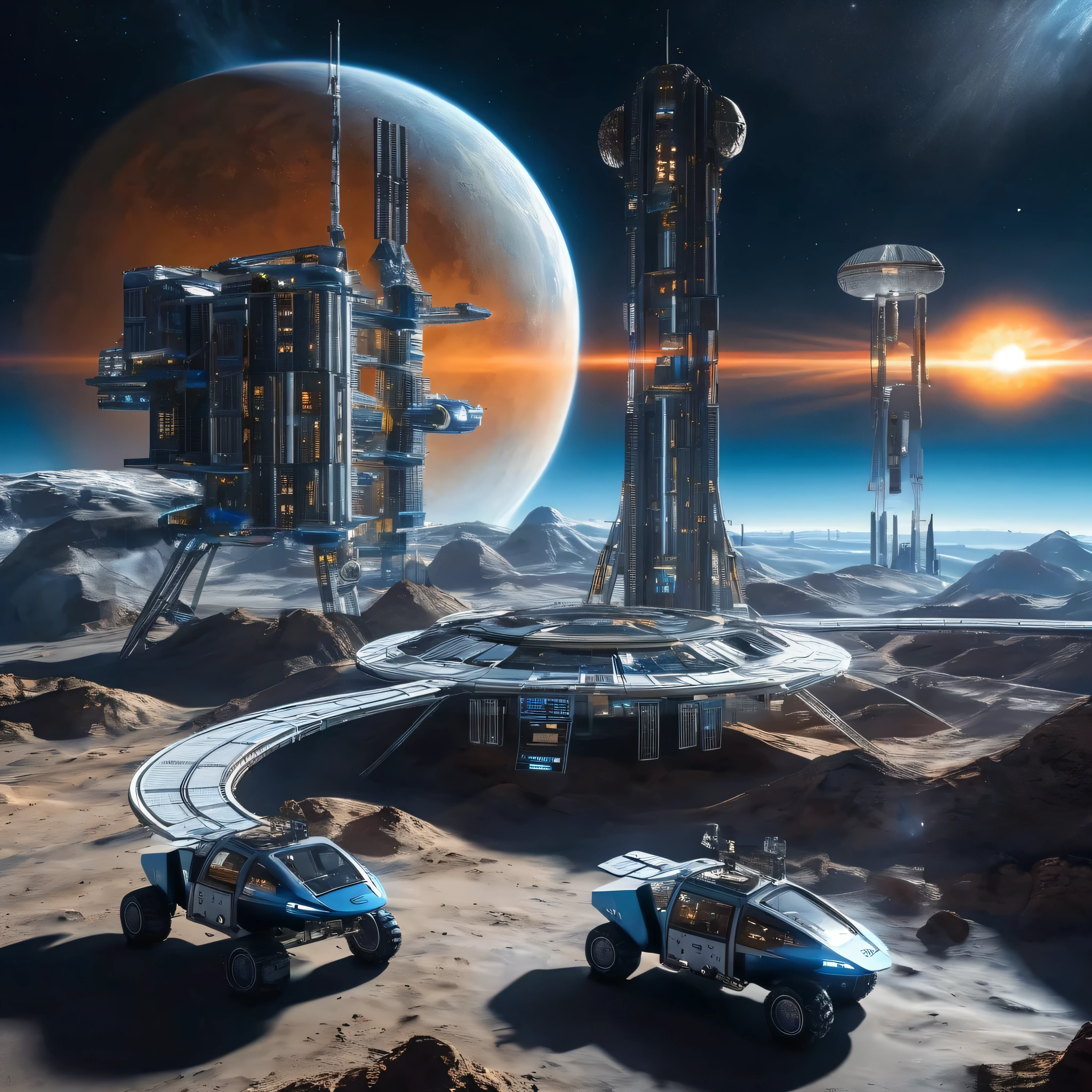 Bird Eye Views, alien metropolis on the moon , the space station and energy center have been treated to look surreal 未来的な月面居住地に位置している, accessible by space elevator , spewing blue flames , the space station and energy center have been treated to look surreal 、 space station and energy center are rendered in a digital illustration style focusing on the futuristic architecture of the {x} settlement located in a futuristic lunar colony,Earth,satellite,( with a lunar buggy :1.2),( rendered in the style of 3D rendering :1.4),
space station wireframe hologram , space station wireframe hologram 、 , Blue and white ,
( the space station's body doesn't light up :1.2),(Dark Blue Background:1.2),(Nebula and the Sun :1.3),