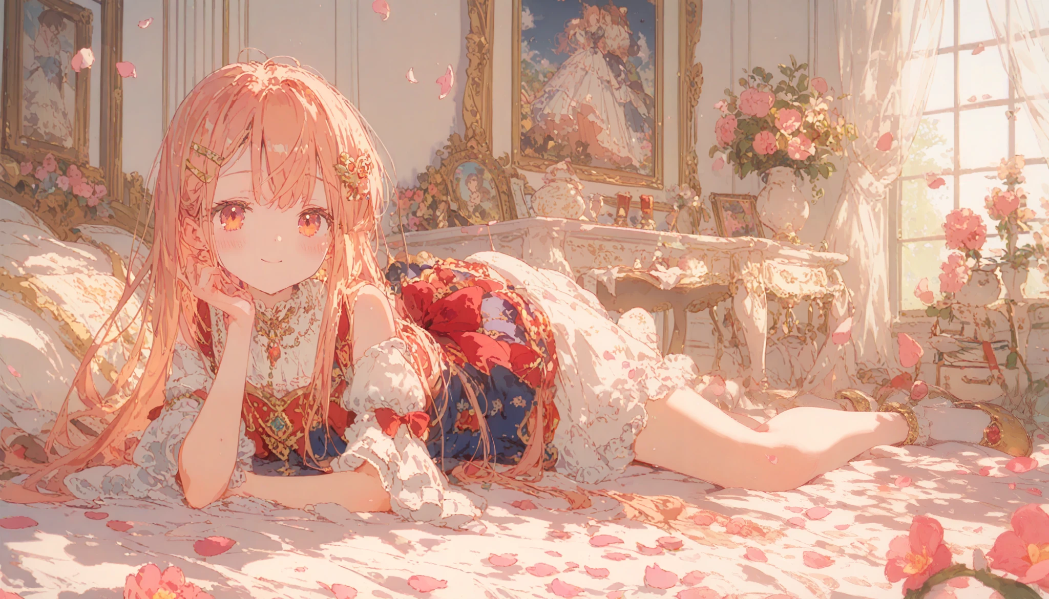 ((best quality)), ((masterpiece)), (detailed), perfect face, cute girl, has pink petals around her, has a sakura hair clip, full body