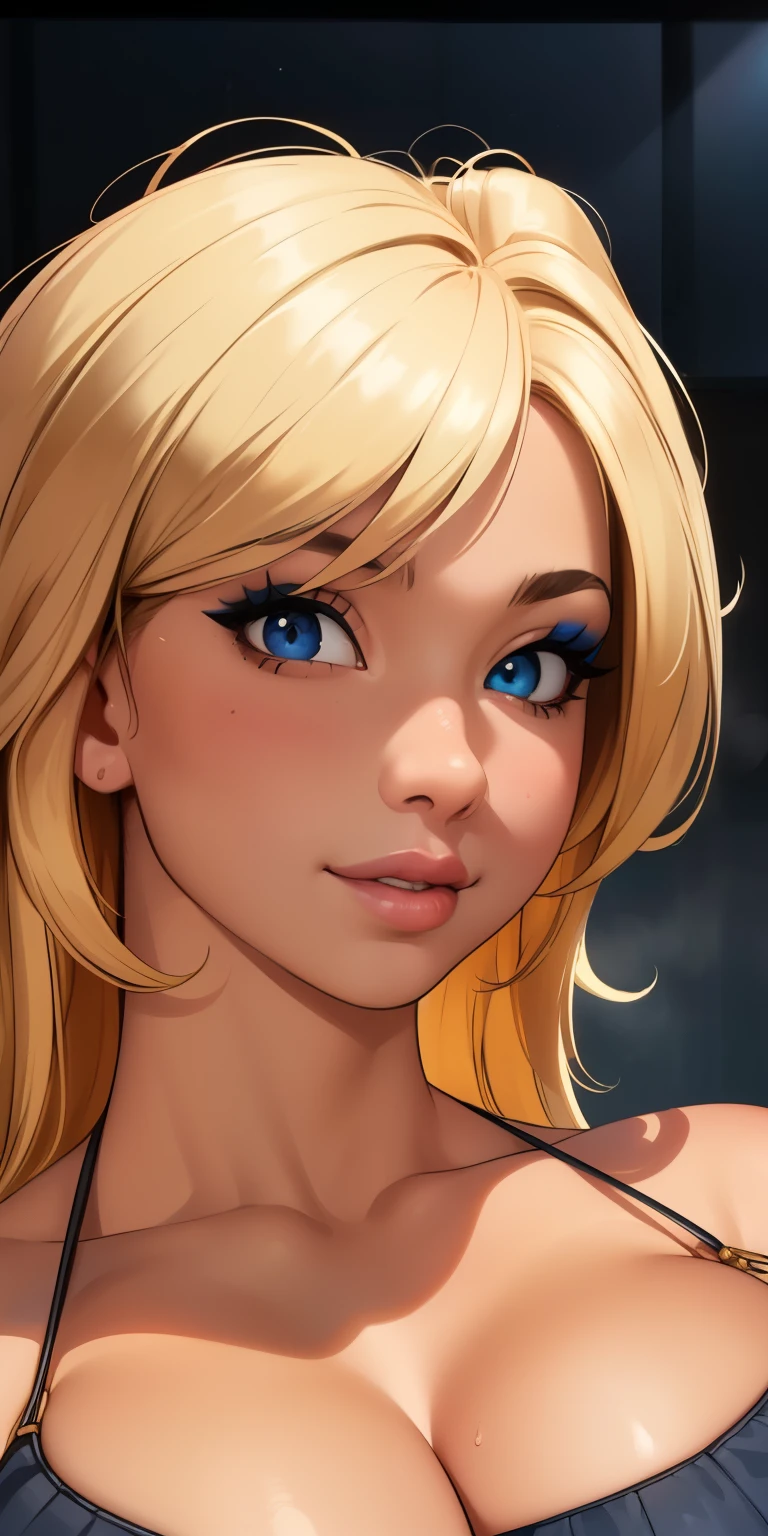Amazing portrait of a sexy women with short blonde hair in a bob style gazing at us seductively with her bright blue eyes and blushing intensely with her perfect pink lips parted wearing a strapless leopard-print crop top showcasing her bare shoulders, her medium chest with cleavage and her midriff and pairing it with a brown short shorts showcasing her thin waist, her wide hips, her thick thighs and her long legs
