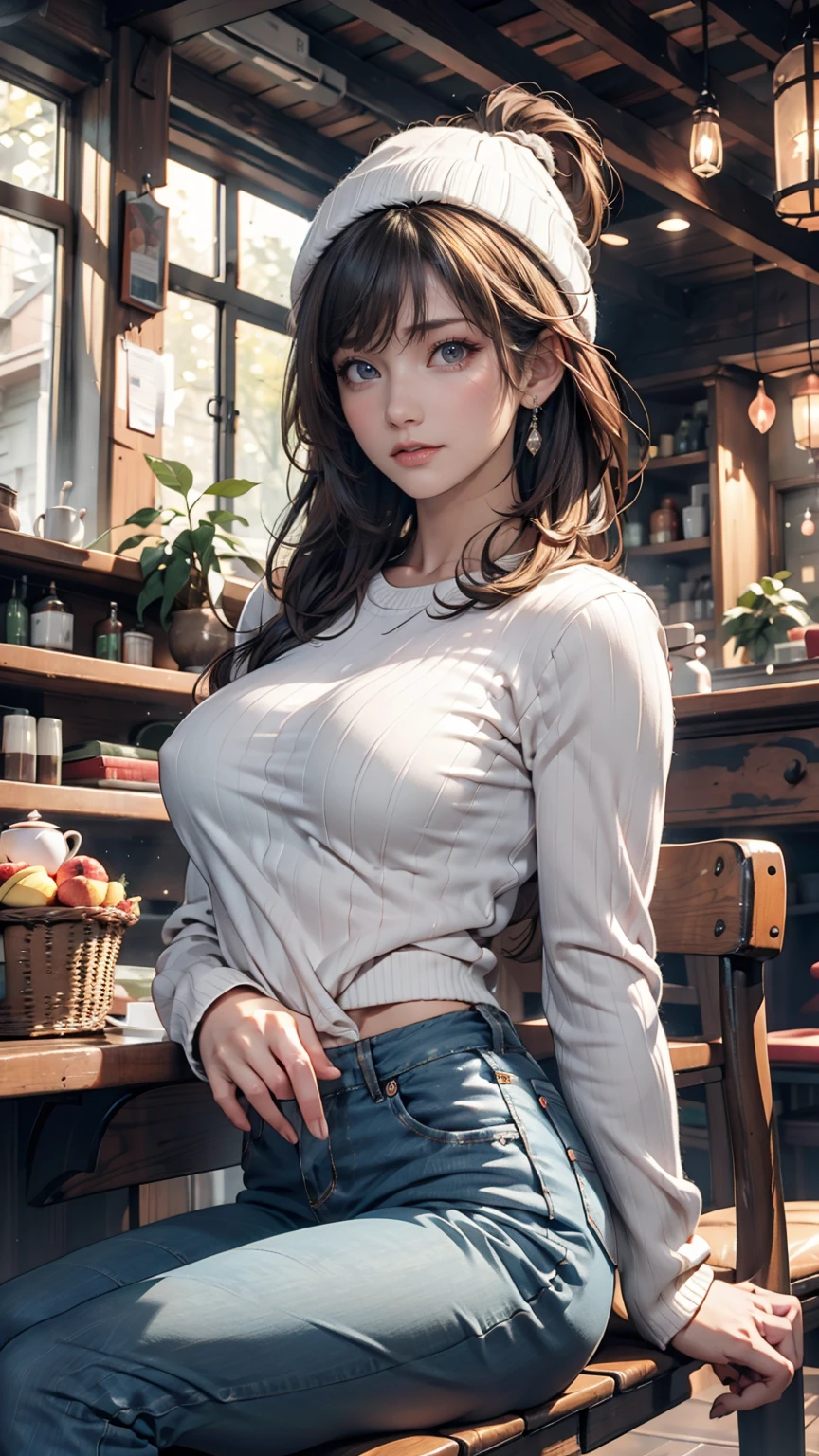 (realisitic、hight resolution:1.3)、1 girl with a perfect figure、Super thin face and eyes、shorth hair、Tank Tops:1 in random color.2、Short jeans、in a cafe、coffee on table、Colossal tits、Exposed cleavage, Barbara Palvin