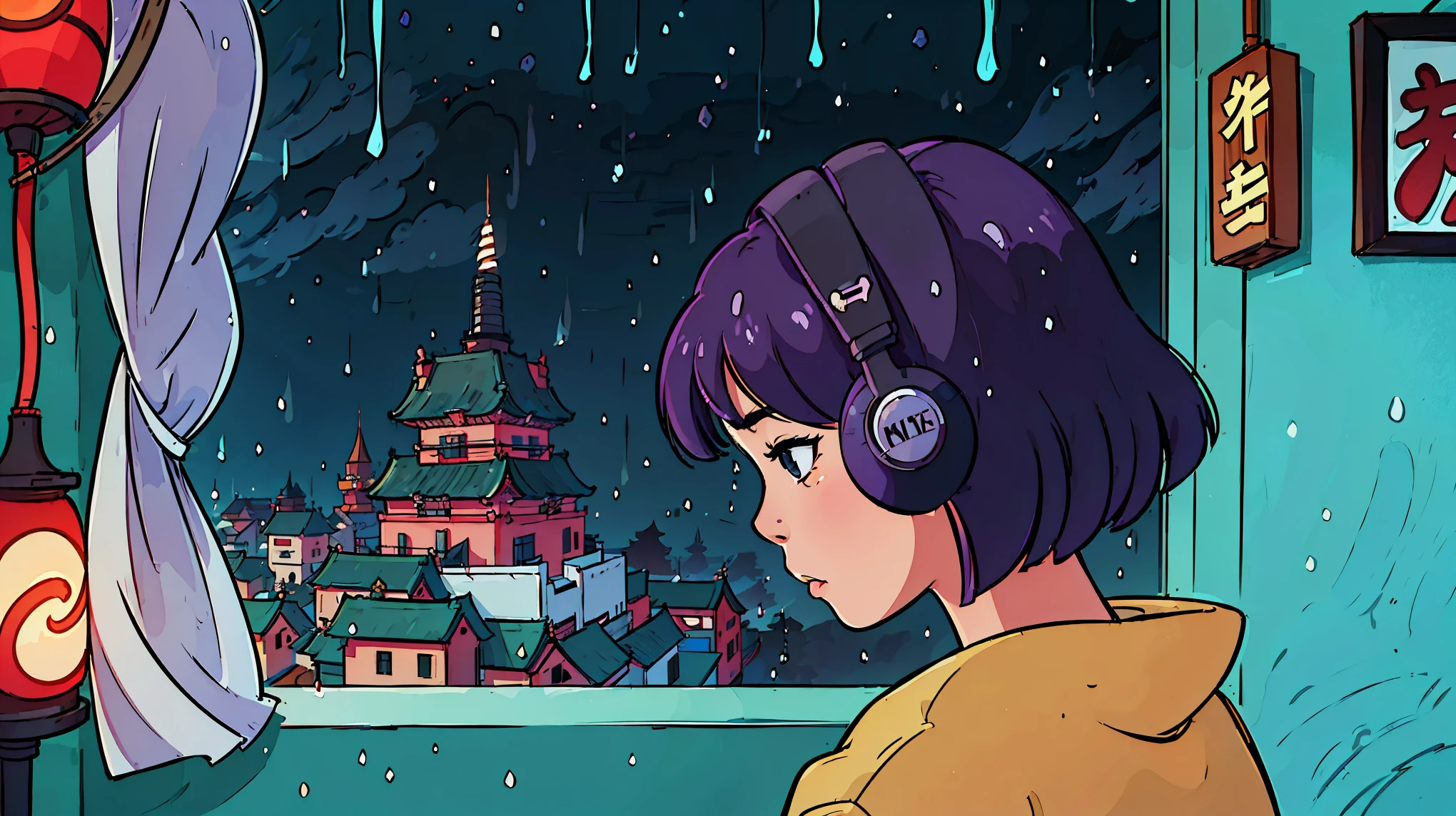 create a scene where a 25-year-old woman is looking out the window, headphones, Quiet and calm environment, black short hair, view from behind , Gazing at the Horizon, It's raining outside , Characters with detailed faces, hands and hair, illustration style、Showa Anime、ukiyo-e、(( girl ))、Tokyo、 soft touch、((【Contemporary))、winter、 high resolution, samba, latina ,Rainy Night,Tokyo
