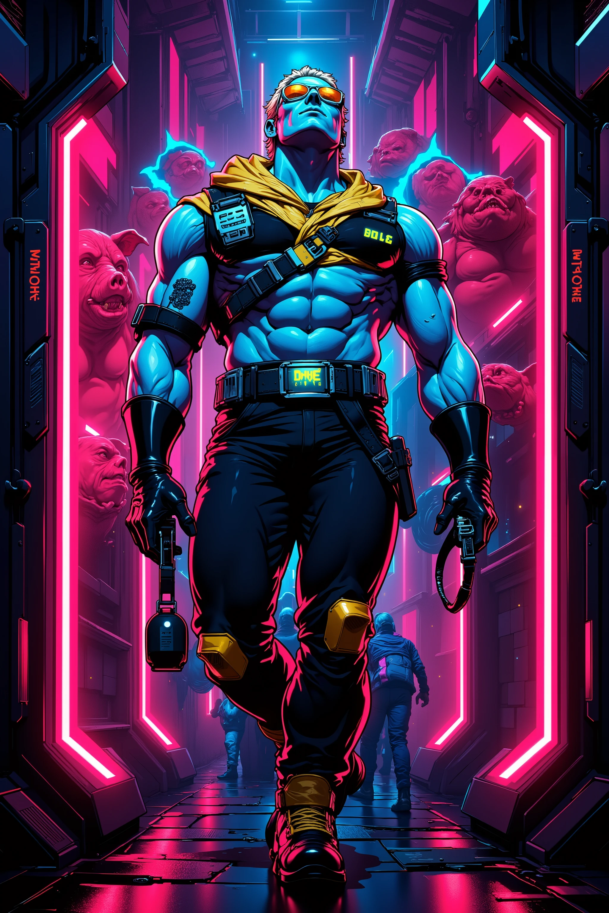 (Tron) in a cyber reality with neon trim and edges, evil monsters have run amok enslaving the peaceful programs of Tron (men and women with blue and green neon high light outfits), the evil monsters (red and pig like humanoids with leather outfits and tattoos, big guns). All hope for Tron seemed lost as the evil monsters were corralling all the hot Babes of Tron, until the day HE stepped through the game portal He is Duke Nuke'Em (big muscles, semi handsome, sun glasses, blonde hair, tight pants, combat boots, tank top, bad ass pose and grin, Tron effects adding neon yellow high lights to his entire figure), Duke Nuke'Em is shooting on of the evil monsters and rescuing a group of slutty Tron babes 'WHO WANTS SOME!' is written clearly across the top of the screen. Show the duke from head to toe