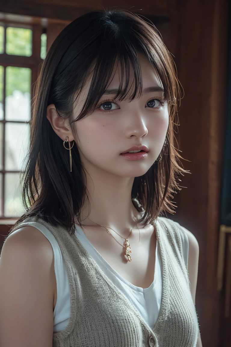 ((巨作、1 beautiful girl、Detailed eye、Shorthair with bangs、neck long、Put your ears out))、big eye、Distinct double eyelids、((最好质量, ultra-high-resolution、gazing at the camera、Light brown eyes、Clean collarbone、glowy skin)), (Realisticity: 1.4), OriginalPhotographs, 1girl in,Cinema tick writing、japanes、Asian Beauty、Korea person、Super beauty、Beautiful skin、(((extremely large bosom、A slender、The body is facing forward、lipgloss)))、(ultra realisitic)、(A high resolution)、(8K picture quality)、(Very Details)、(Best Illustration)、(beautifully detailed eyes)、(ultra hyper-detailed)、detailed faces、lookig at viewer、Facing Straight Ahead、neat and clean clothes、sleevless、short-hair、black har、46-point diagonal bangs、Background is really nothing but pure white background、neat atmosphere、