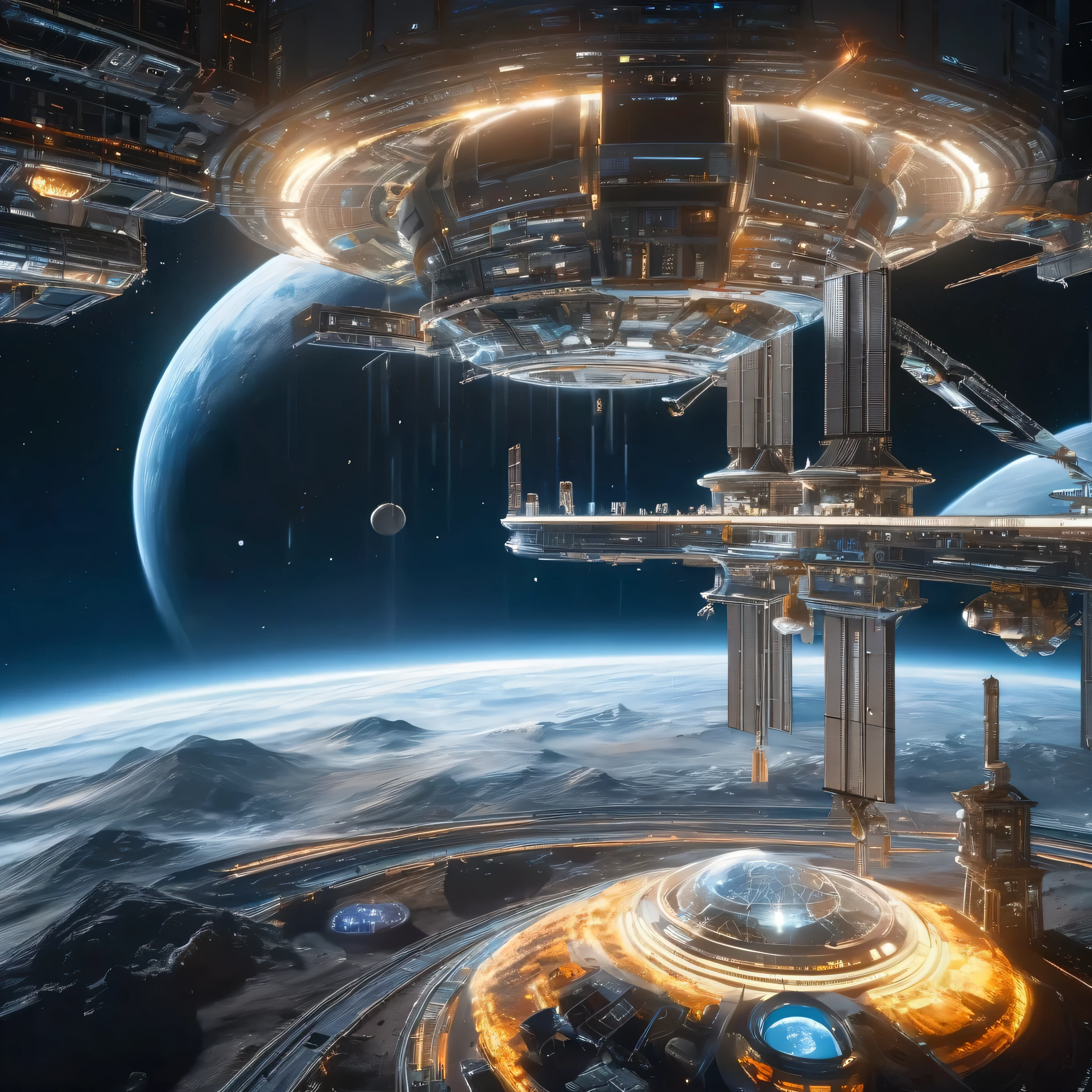  Bird Eye Views, alien metropolis on the moon , the space station and energy center have been treated to look surreal 未来的な月面居住地に位置している, accessible by space elevator , spewing blue flames , the space station and energy center have been treated to look surreal 、 space station and energy center are rendered in a digital illustration style focusing on the futuristic architecture of the {x} settlement located in a futuristic lunar colony,Earth,satellite,( with a lunar buggy :1.2),( rendered in the style of 3D rendering :1.4),
 space station wireframe hologram , space station wireframe hologram 、 , Blue and white ,
( the space station's body doesn't light up :1.2),(Dark Blue Background:1.2),(Nebula and the Sun :1.3),