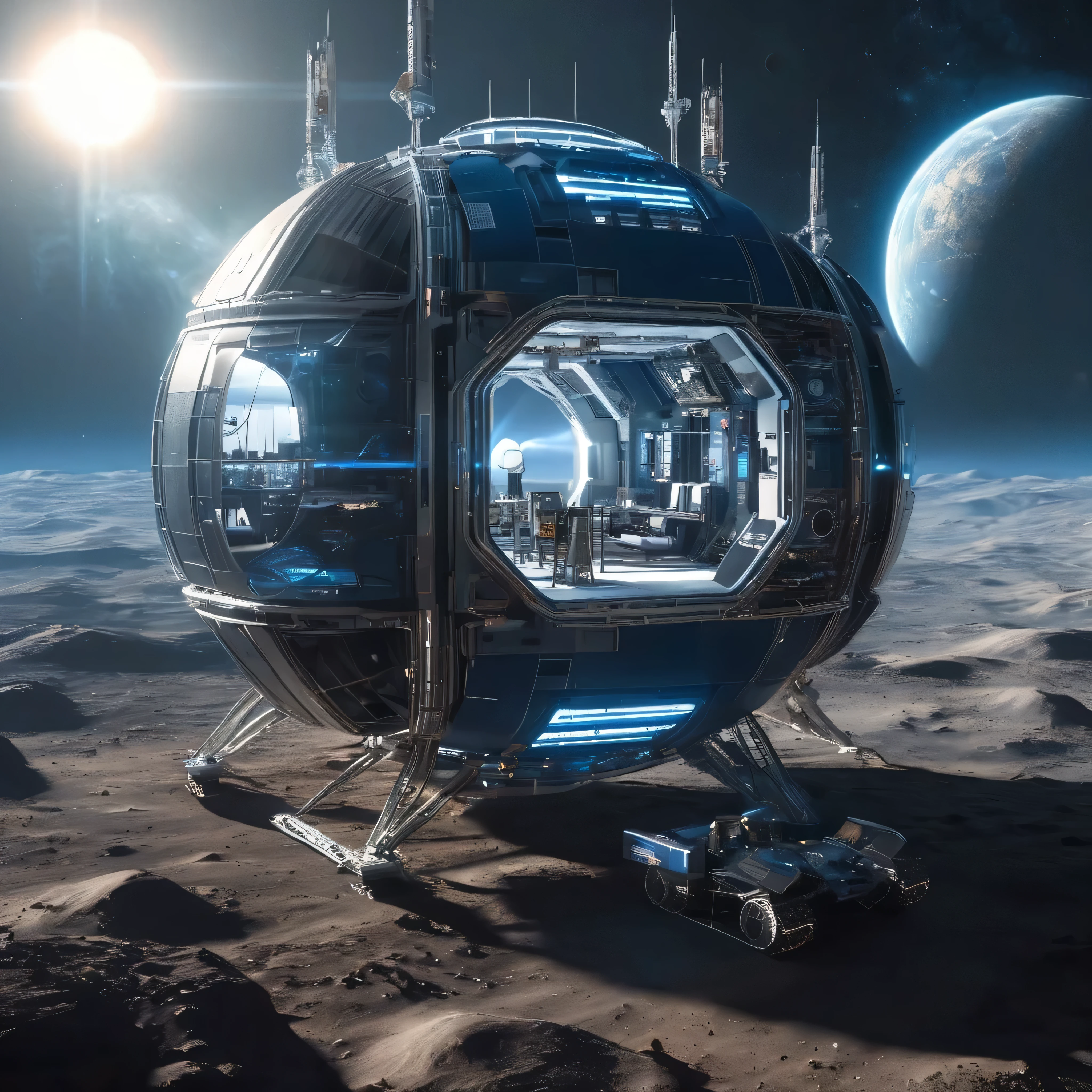  Bird Eye Views, alien metropolis on the moon , the space station and energy center have been treated to look surreal 未来的な月面居住地に位置している, accessible by space elevator , spewing blue flames , the space station and energy center have been treated to look surreal 、 space station and energy center are rendered in a digital illustration style focusing on the futuristic architecture of the {x} settlement located in a futuristic lunar colony,Earth,satellite,( with a lunar buggy :1.2),( rendered in the style of 3D rendering :1.4),
 space station wireframe hologram , space station wireframe hologram 、 , Blue and white ,
( the space station's body doesn't light up :1.2),(Dark Blue Background:1.2),(Nebula and the Sun :1.3),