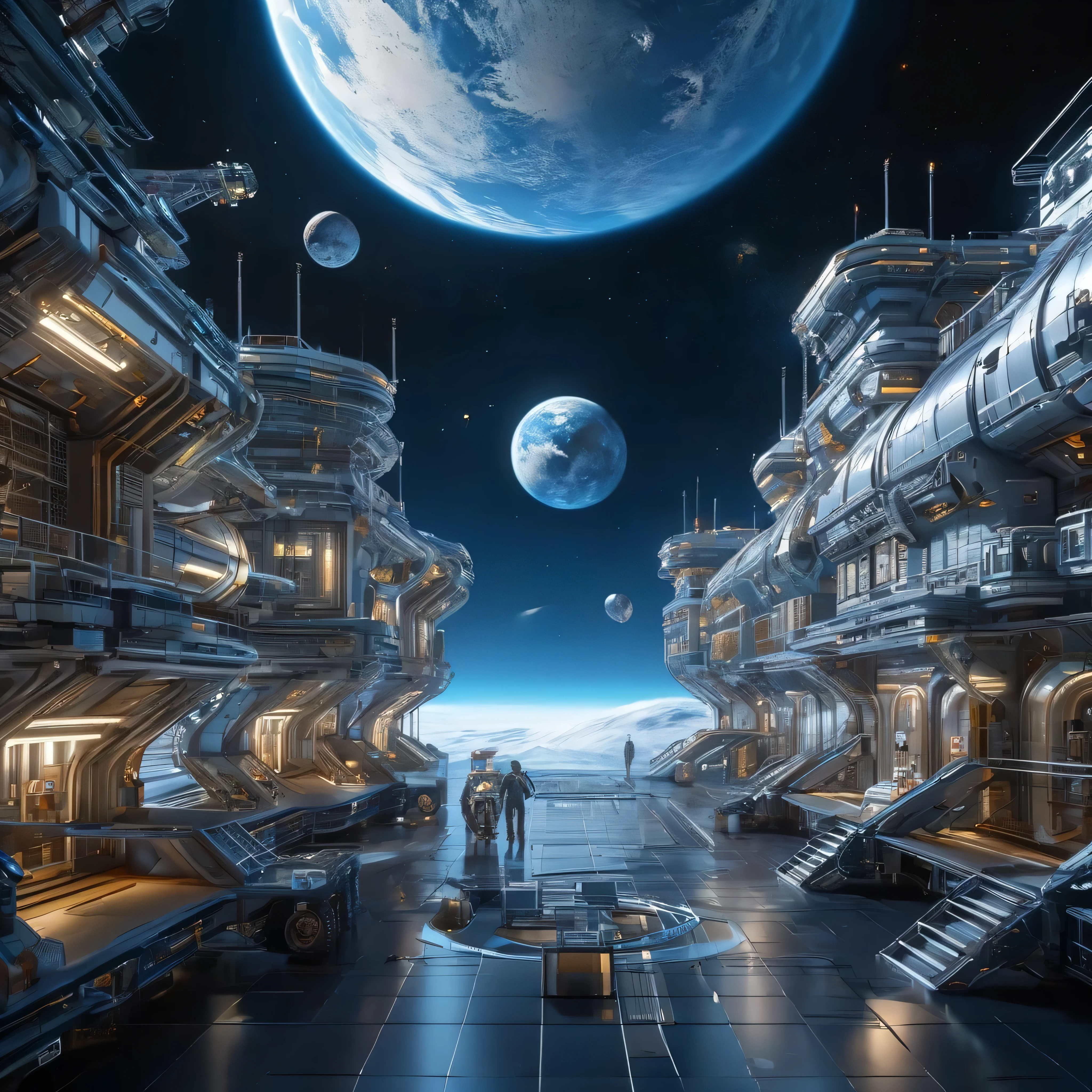 Bird Eye Views, alien metropolis on the moon , the space station and energy center have been treated to look surreal 未来的な月面居住地に位置している, accessible by space elevator , spewing blue flames , the space station and energy center have been treated to look surreal 、 space station and energy center are rendered in a digital illustration style focusing on the futuristic architecture of the {x} settlement located in a futuristic lunar colony,Earth,satellite,( with a lunar buggy :1.2),( rendered in the style of 3D rendering :1.4),
space station wireframe hologram , space station wireframe hologram 、 , Blue and white ,
( the space station's body doesn't light up :1.2),(Dark Blue Background:1.2),(Nebula and the Sun :1.3),