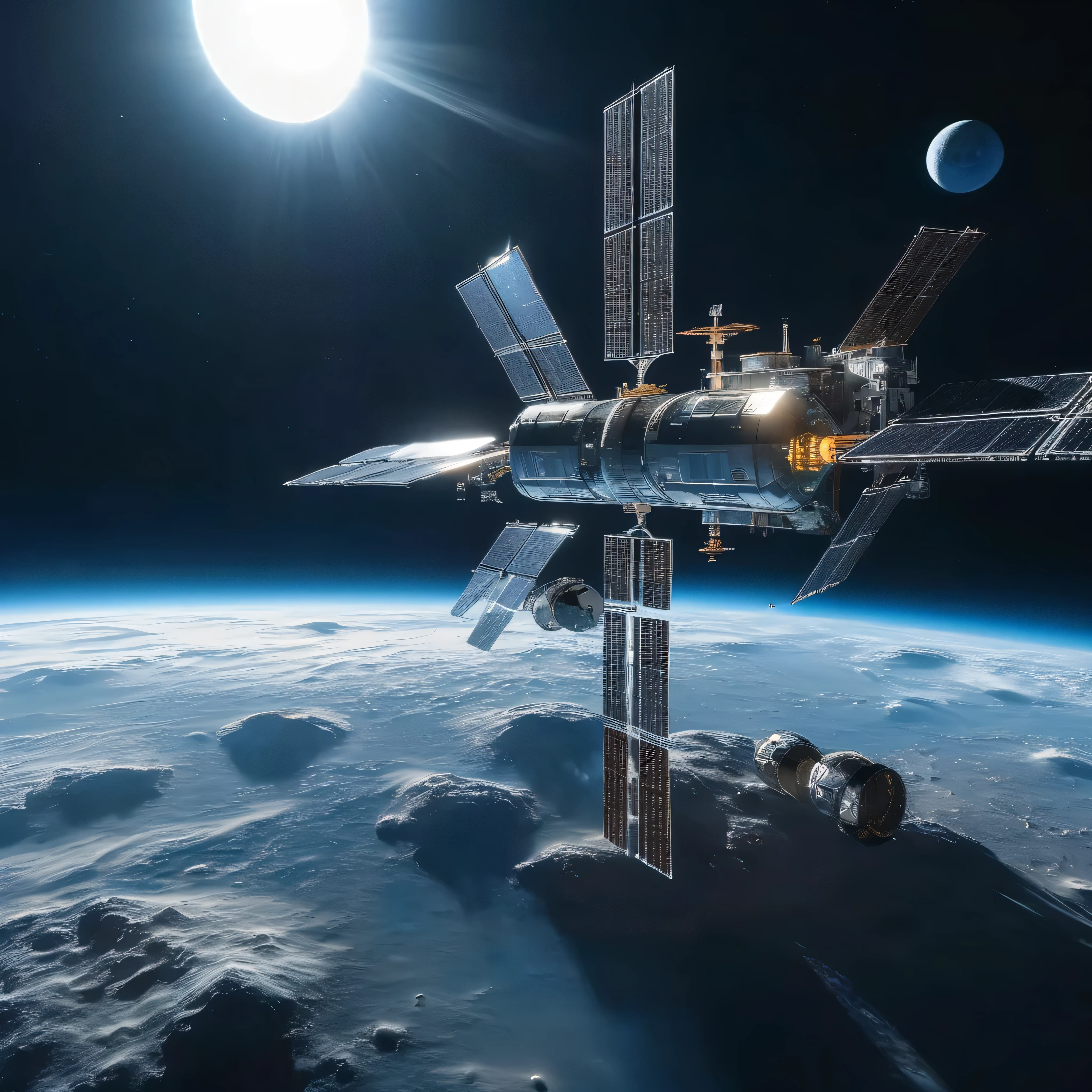  Bird Eye Views, alien metropolis on the moon , the space station and energy center have been treated to look surreal 未来的な月面居住地に位置している, accessible by space elevator , spewing blue flames , the space station and energy center have been treated to look surreal 、 space station and energy center are rendered in a digital illustration style focusing on the futuristic architecture of the {x} settlement located in a futuristic lunar colony,Earth,satellite,( with a lunar buggy :1.2),( rendered in the style of 3D rendering :1.4),
 space station wireframe hologram , space station wireframe hologram 、 , Blue and white ,
( the space station's body doesn't light up :1.2),(Dark Blue Background:1.2),(Nebula and the Sun :1.3),