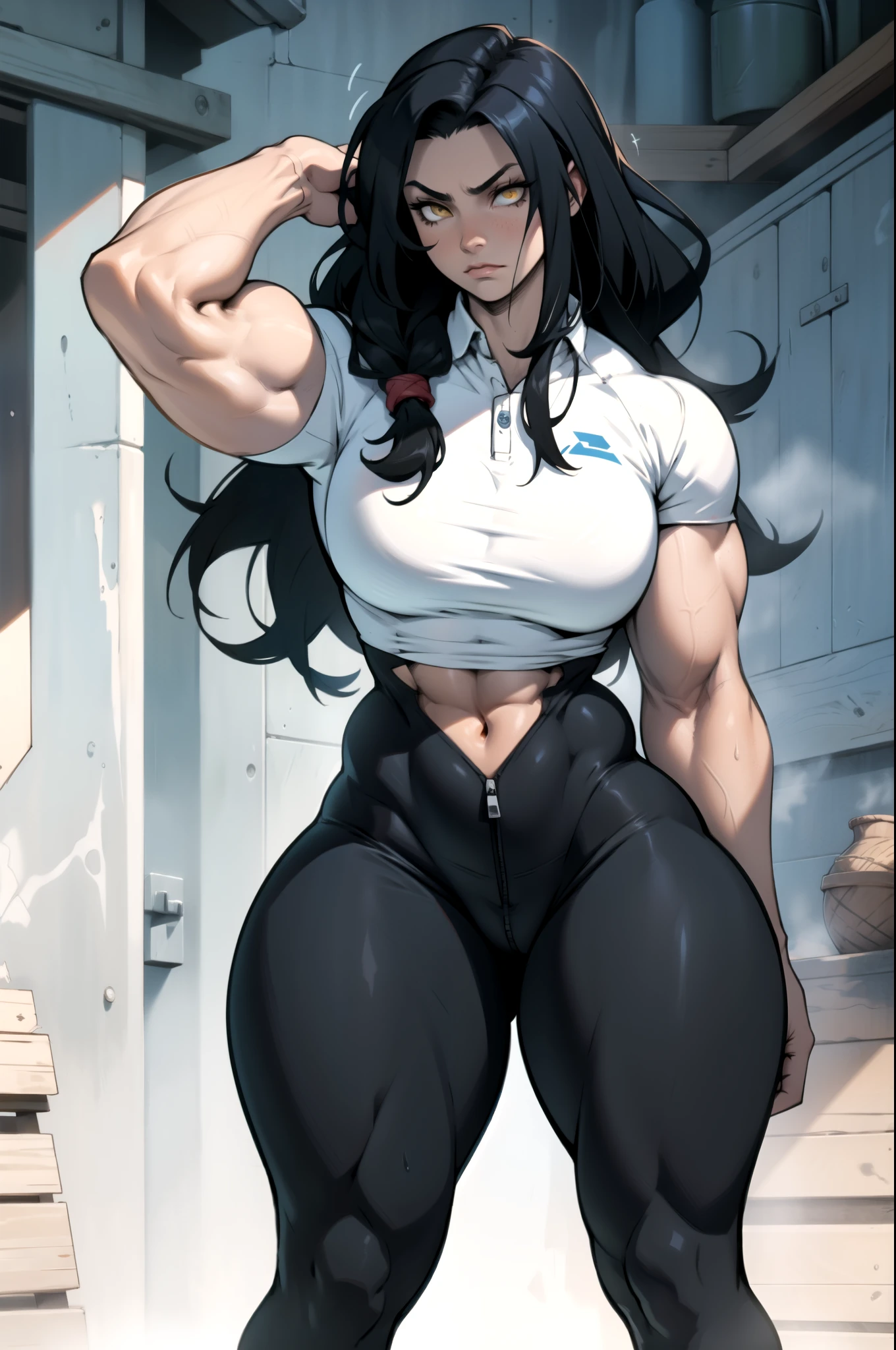 girl huge muscles huge breasts pale skin black hair yellow eyes huge muscles tight shirt leggings huge muscles huge muscles