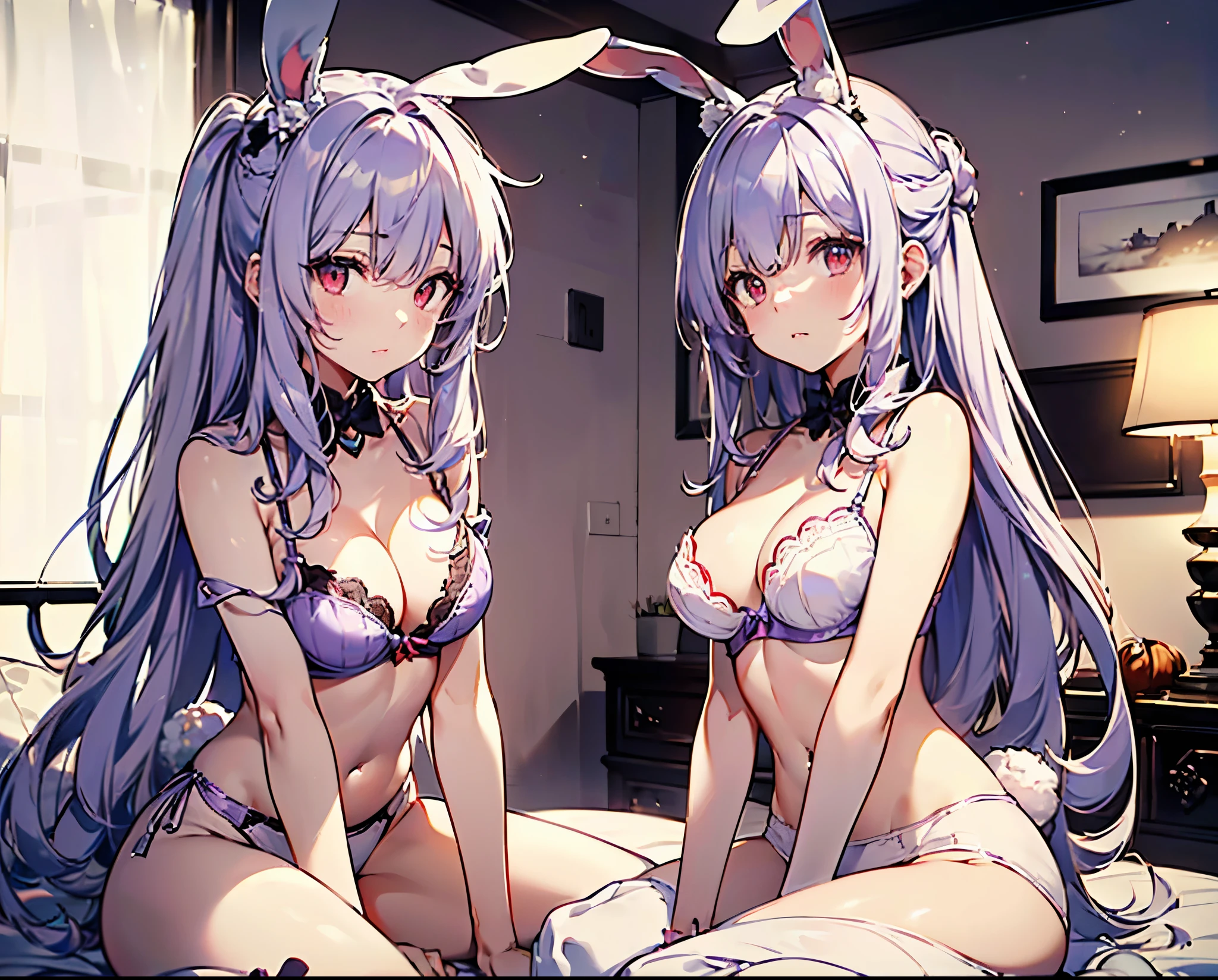 Realistic,Highest quality, Ultra Detail, High-quality CG rendering, The most delicate and beautiful, Floating softly, High resolution, (1 girl), (Highest quality,4K,8k,masterpiece:1.2) ,Light purple hair,Rabbit,(Bunny ears:1.5),(Long Hair:1.5),Red eyes,(Completely naked:1.5),room,bed,(bedに座っている:1.5),(Slightly larger breasts:1.2),