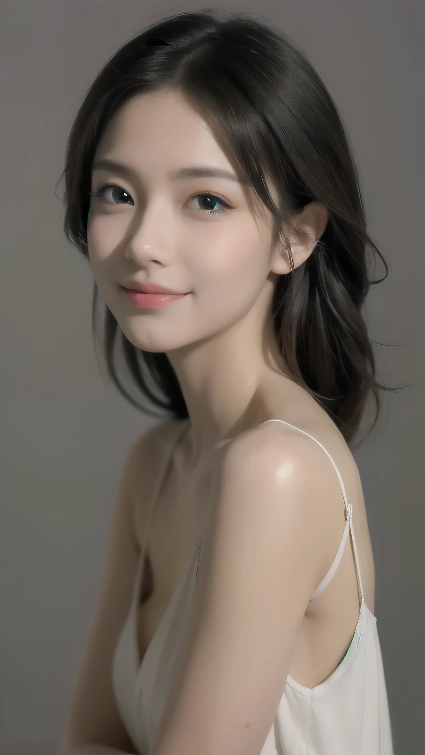 RAW photo, 8k, highest quality, masterpiece, Super detailed, super resolution, realistic pictures, portrait, professional photos, High resolution and beautiful, very delicate and beautiful, High resolution, huge file size, Super detailed face, very fine eyes, Very fine skin, very small nose, highly detailed mouth, perfect anatomy, Super detailed, very beautiful eyelashes, natural eyes, delicate eyes, simple background, realistic lighting, light shines on your face, 1 girl, 20 generations, looking at camera, smile, gray background