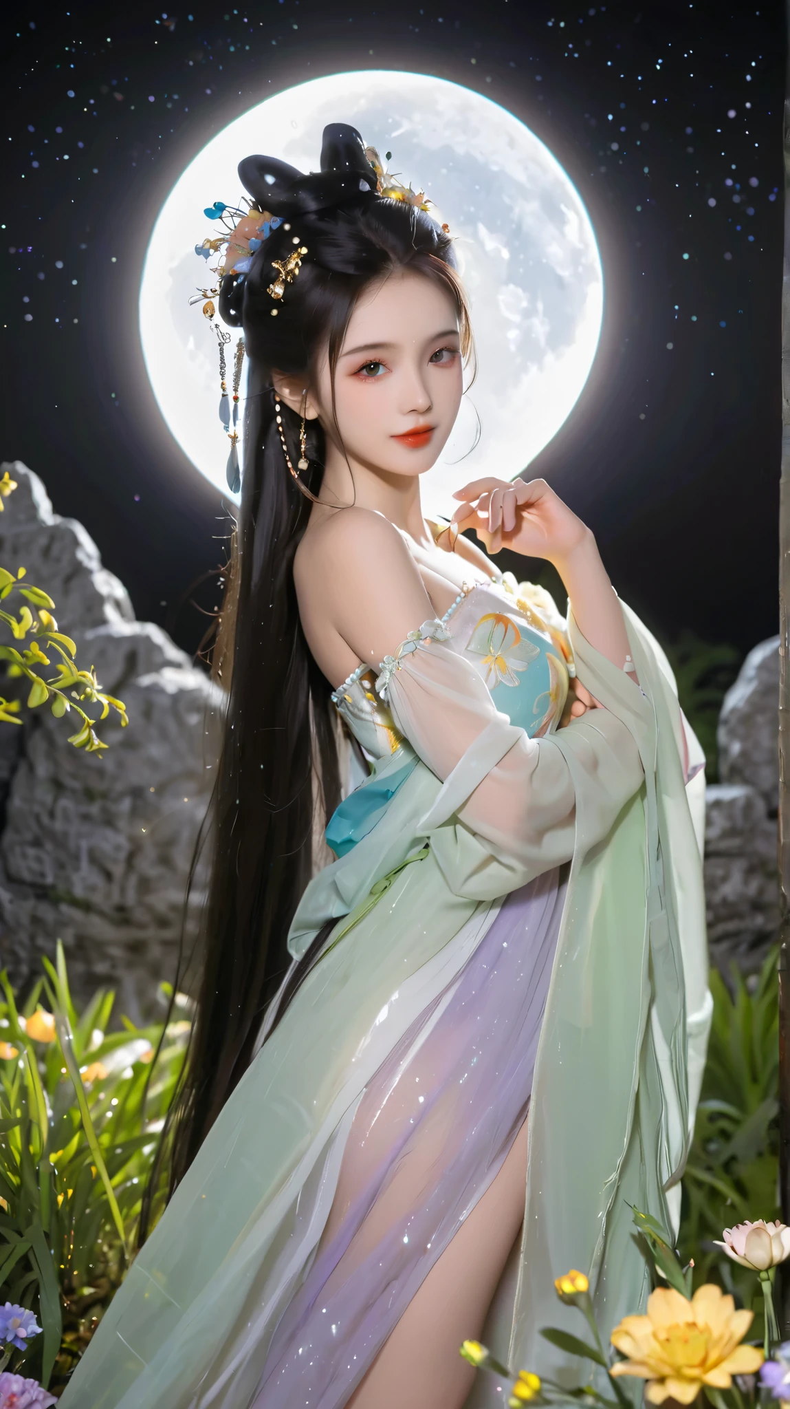 Light Particles, Halo, ( Bioluminescent :0.95), Bioluminescent , Dazzling light, full of energy , (((Colorful))), color, (glowing, glow),Ancient Customs, Wind Blow, flowering, pond, night, moon relection in the pond, Reflected Light, Depth of Field, From the back, multiple views , delicated best quality , masterpiece, illustration, extremely fine and beautiful , Very Detailed ,CG ,unified , 8k wallpaper, are amazing, Meticulous attention to detail, masterpiece, best quality, Official Art , Very Detailed CG unified 8k wallpaper,超 high resolution , incredibly 超 high resolution , huge file size , Super in the humid forest Detailed , high resolution , Very Detailed, beautiful and detailed girl , Very Detailed eyes and face, exquisite and detailed eyes ,Face Light,1 Girl, (super realistic), ( dark hair ), ( hair covers one eye), (Single braided hair ), (Rainbow Eyes), ((Hair accessories)), ((Jewelry)), (hair Jewelry), (((Describe the arm in detail))), (((super ))), (( Anthro futa hare )), ((full body)), (thigh), ((full )),, ( Detailed Description of Hair ), (( upper body)), ( bare shoulders ), ((clavicle)), ( strapless), ( shiny skin), (Detailed facial description), (Extremely detailed eye description ), (Detailed description of the body), (white and translucent skin ), Peerless Beauty, (Extreme beauty), ( red lips), (Shy ), (诱人的Smile), (( gothic lollidia dress )), (Every posture),(Smile)