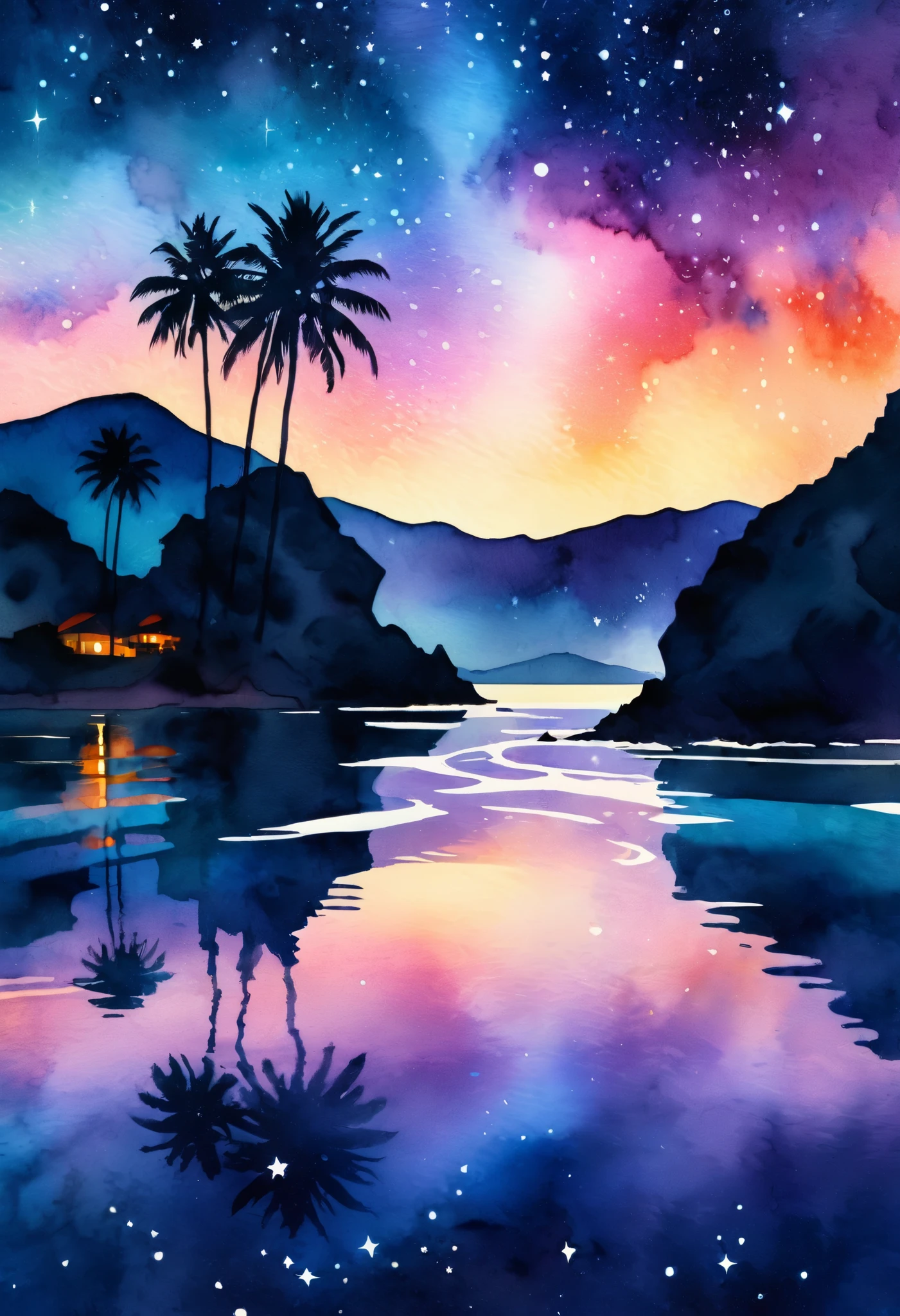 Stylized Double Exposure Watercolor, Kane Griffith Style , Connor Rosette. . olorized seascape at night, Starry Sky. Slightly Impressionist , Wide range of colors, ultra high definition, art. trending in Behance . 8k, 500px Quality . cinematic lighting . Inspired by Vintage Photographs , Layered Silhouettes on the Oaxaca Coast in Mila Nedialkova's Style , Tanya Shacheva and Ana Santos