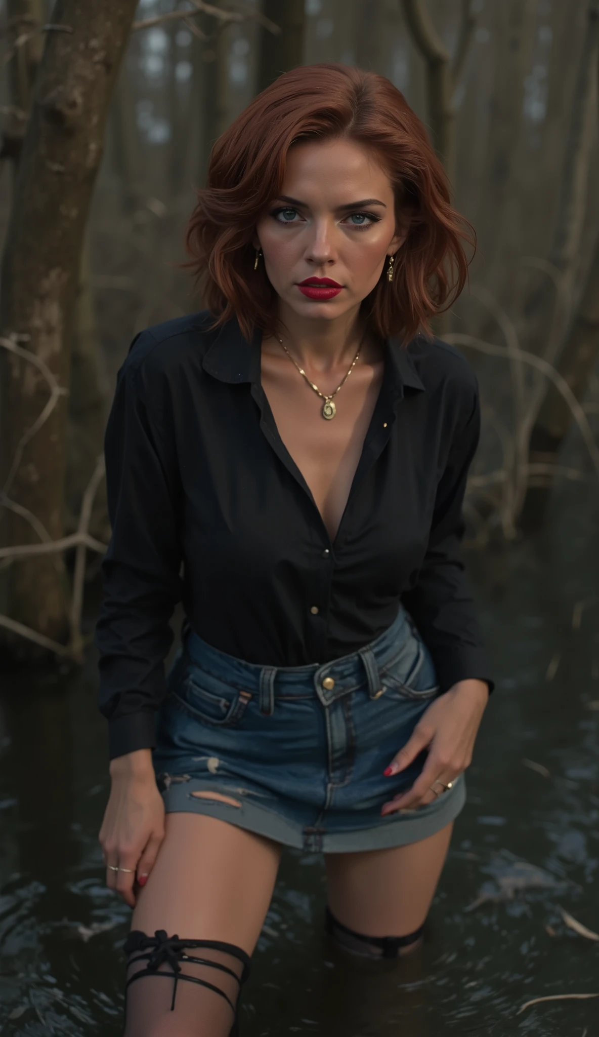 masterpiece, semi-realistic, 4k, sophisticated woman, smart-looking, aged wrinkles ,denim tight mini-skirt,dark shirt, stockings with garters, sinking, standing in the sludge bog:, An expression of seductive despair , dark and gloomy lighting ,seductive copper Bob-cut, provocative makeup, red lips, close-up