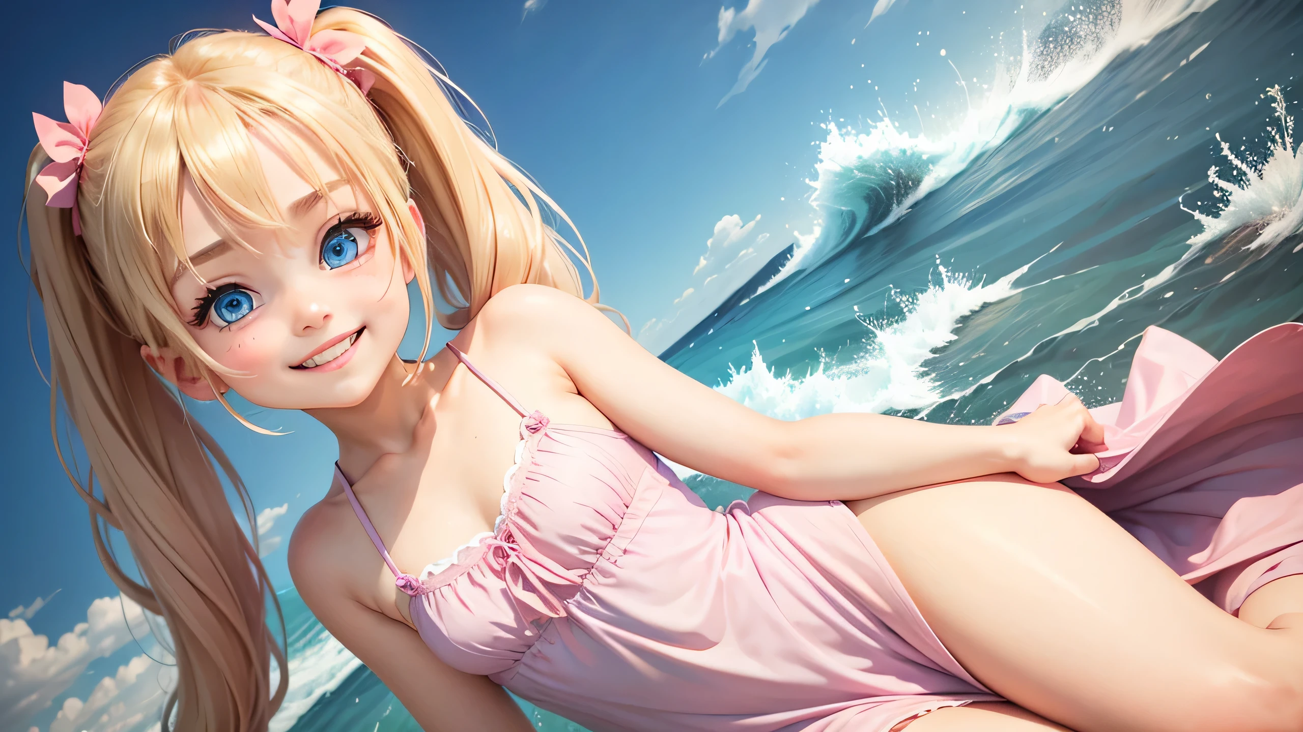 girl、solo、、swimsuit one piece、seductive pose、smile、beach、Playing with the waves on the beach、
