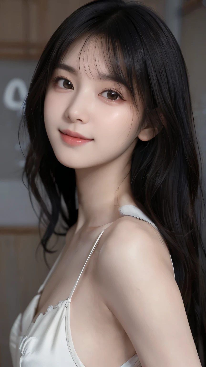 (RAW photo, highest quality)(8k, highest quality, masterpiece: 1.2), Super detailed, super resolution, (realistic, realistic photo: 1.37), portrait, High resolution RAW color photos, professional photos, Beautiful in high resolution, very delicate and beautiful, 8k image wallpaper, amazing details, huge file size, high detailed beautiful girl, Super detailed face, very fine eyes, Very fine skin, very small nose, highly detailed mouth, perfect anatomy, simple background, 1 girl, (20:1.2), 20 generations, pretty girl, bangs, smile, wonderful, dress, realistic body, glowing skin, wavy black hair,  face, lively face, delicate eyes, source order, look at me, ((positive)), (Fair skin), waist shot, bangs, round face, smile, close up of face, very delicate and beautiful, finely, masterpiece,