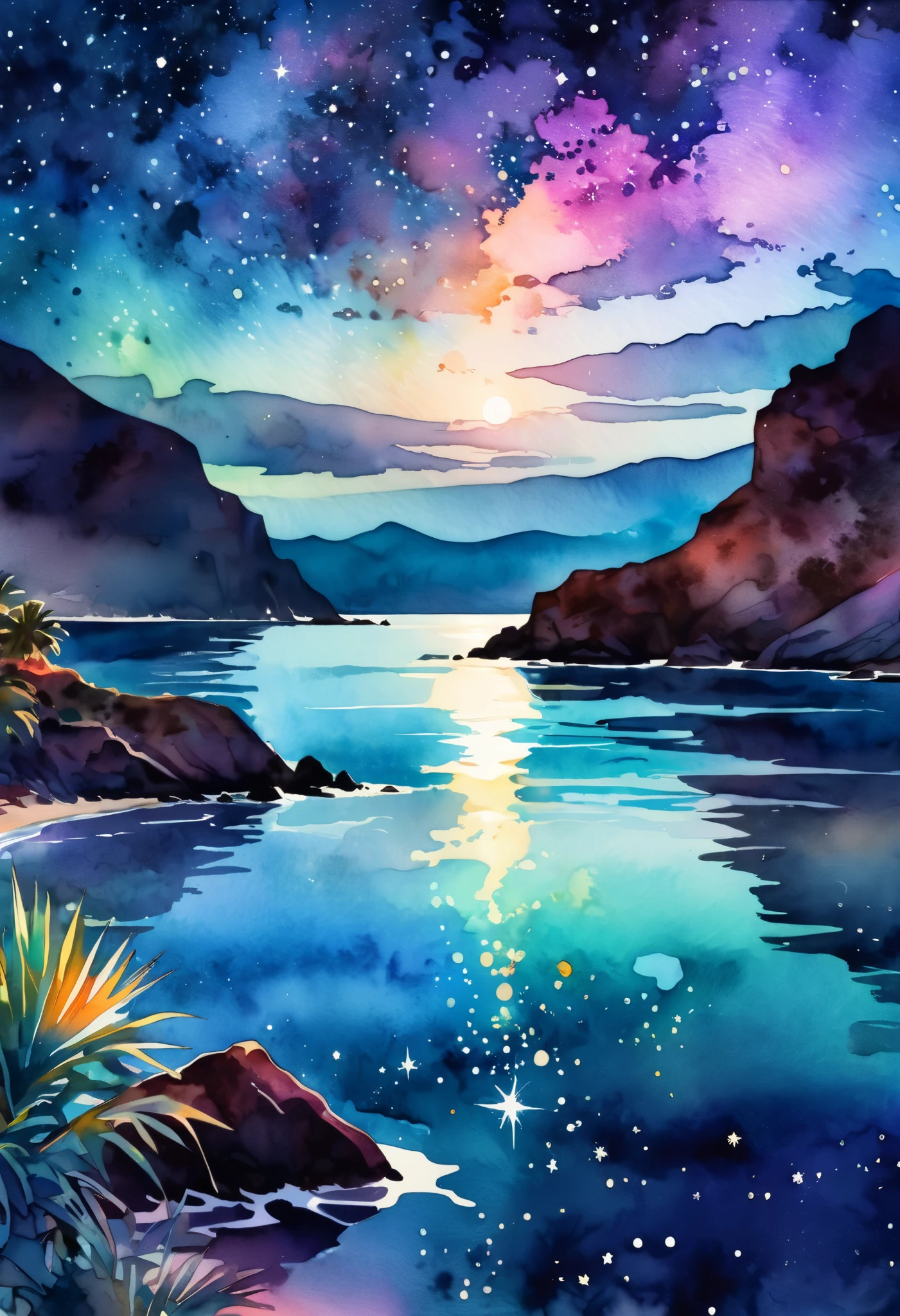 Stylized Double Exposure Watercolor, Kane Griffith Style , Connor Rosette. . olorized seascape at night, Starry Sky. Slightly Impressionist , Wide range of colors, ultra high definition, art. trending in Behance . 8k, 500px Quality . cinematic lighting . Inspired by Vintage Photographs , Layered Silhouettes on the Oaxaca Coast in Mila Nedialkova's Style , Tanya Shacheva and Ana Santos