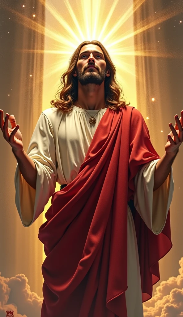 Jesus with his back turned, looking at the sky, overexposed image with a red stain, a fingerprint with a cross in the middle