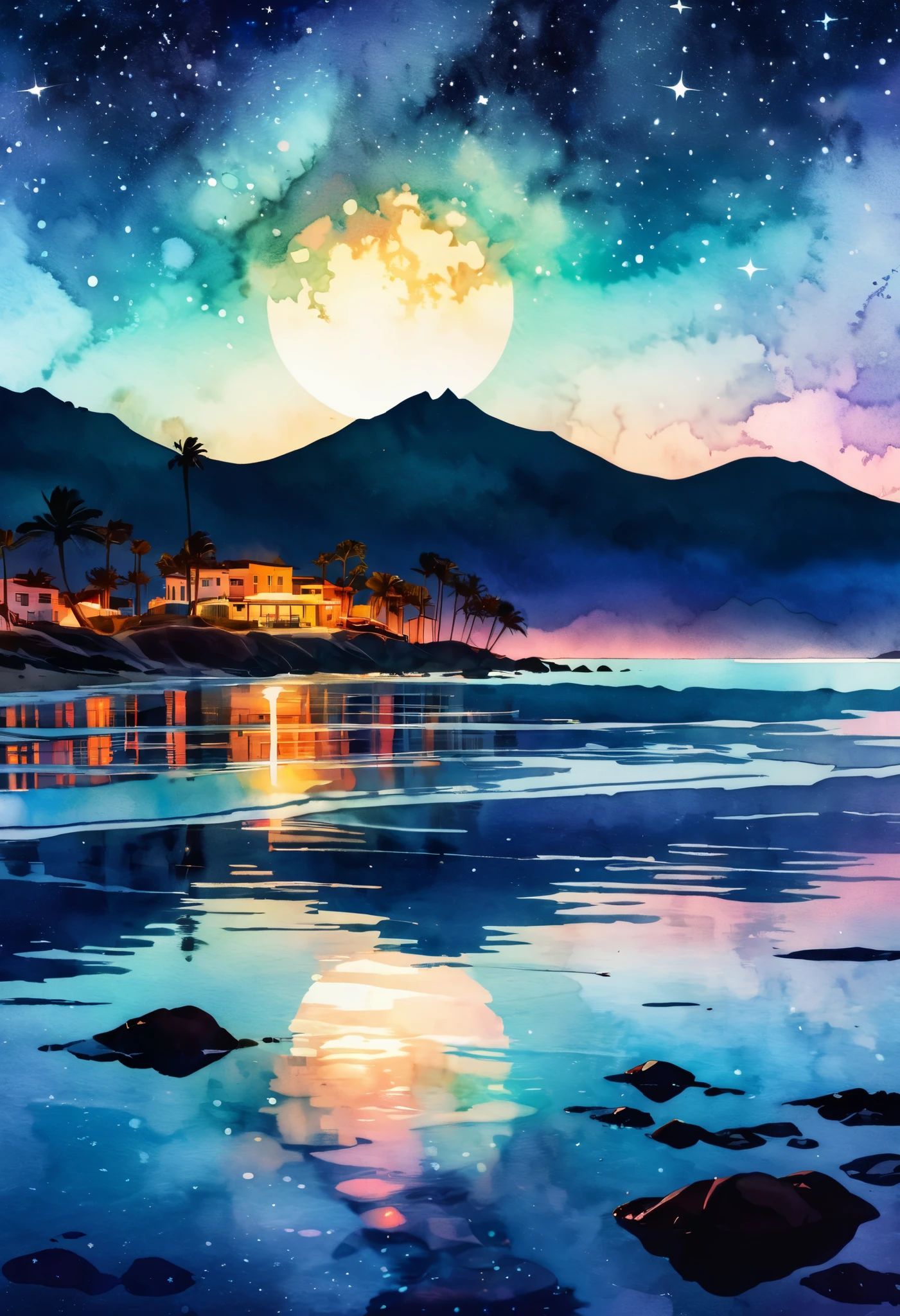 Stylized Double Exposure Watercolor, Kane Griffith Style , Connor Rosette. . olorized seascape at night, Starry Sky. Slightly Impressionist , Wide range of colors, ultra high definition, art. trending in Behance . 8k, 500px Quality . cinematic lighting . Inspired by Vintage Photographs , Layered Silhouettes on the Oaxaca Coast in Mila Nedialkova's Style , Tanya Shacheva and Ana Santos