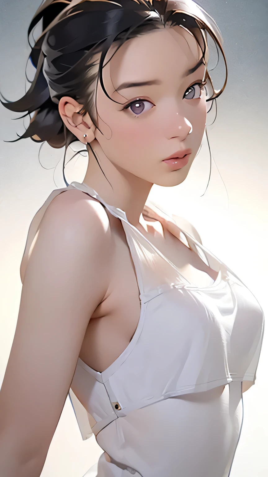1 Girl, medium boobs, Starry Eyes, (8k, RAW Photos, High sensitivity, best quality, masterpiece, ultra high definition , Realism: 1.25), , ( Very detailed CG Unity 8K wallpaper , best quality, high definition : 1.2), (ultra_ Details, 超 high definition : 1.2), perfect lighting, personal , ( 1 Girl: 1.4), ( cute girl: 1.2), Unreal Engine , side lights, Gray Hair, purple eyes, perfect face, Detailed face, perfect body, beautiful eyes , Facial beauty, (Light Skin: 1.4), Idol, ( upper body shot;1.5), Woman in white lingerie ;1.5, transparent,