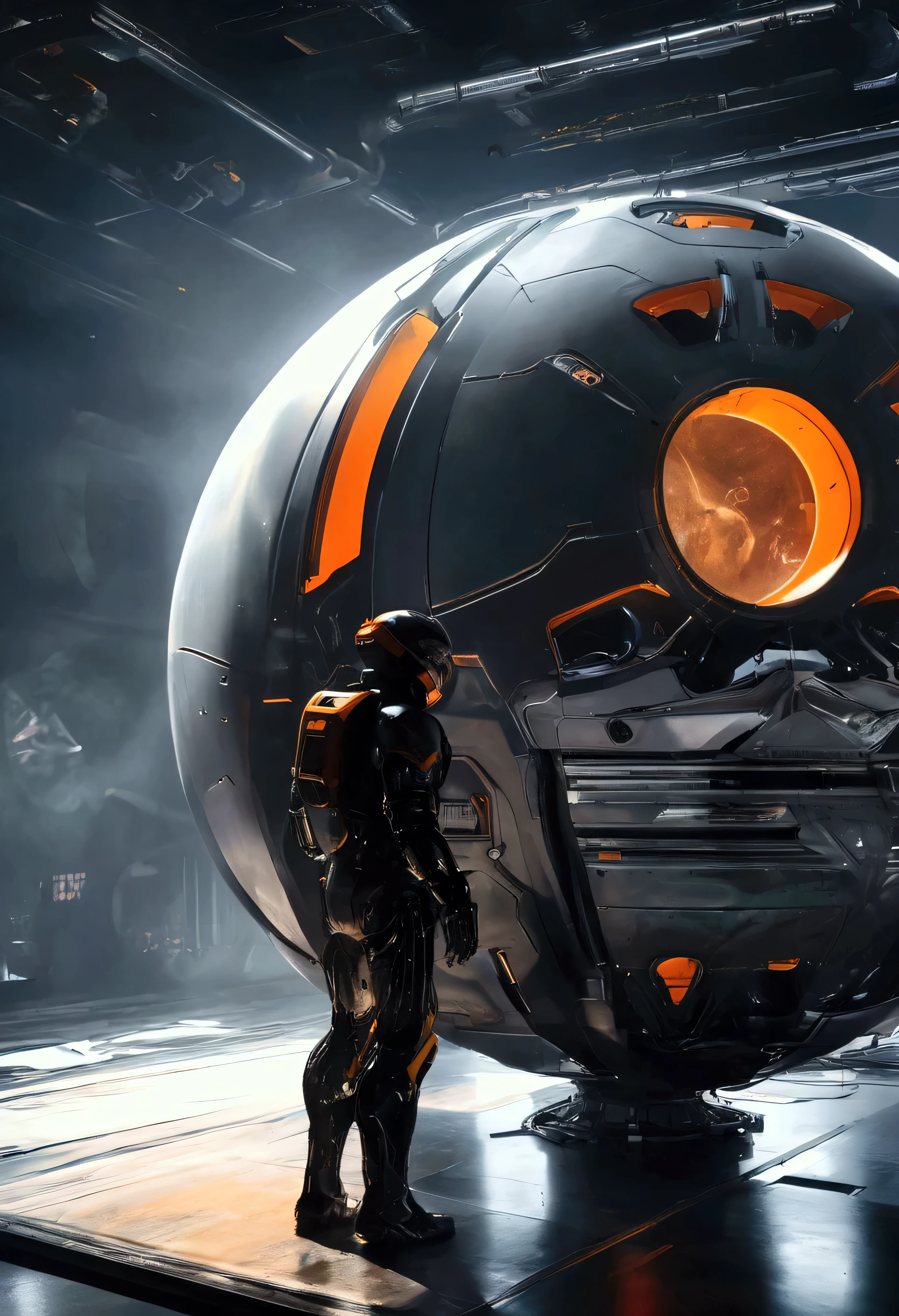 A huge, spherical sci-fi engine sits in a dark hangar. The engine has a heavy, black exterior, with its internal parts and ring-shaped sections glowing orange. There are many futuristic mechanical details all around, giving the image a sophisticated industrial design. A person is standing with their back turned, as if observing the engine. The person is wearing a space suit or a futuristic suit, and the overall atmosphere is cinematic and heavy. Dark, mysterious lighting illuminates the dust and thin mist in the air, creating a visual reminiscent of a scene from a sci-fi movie.