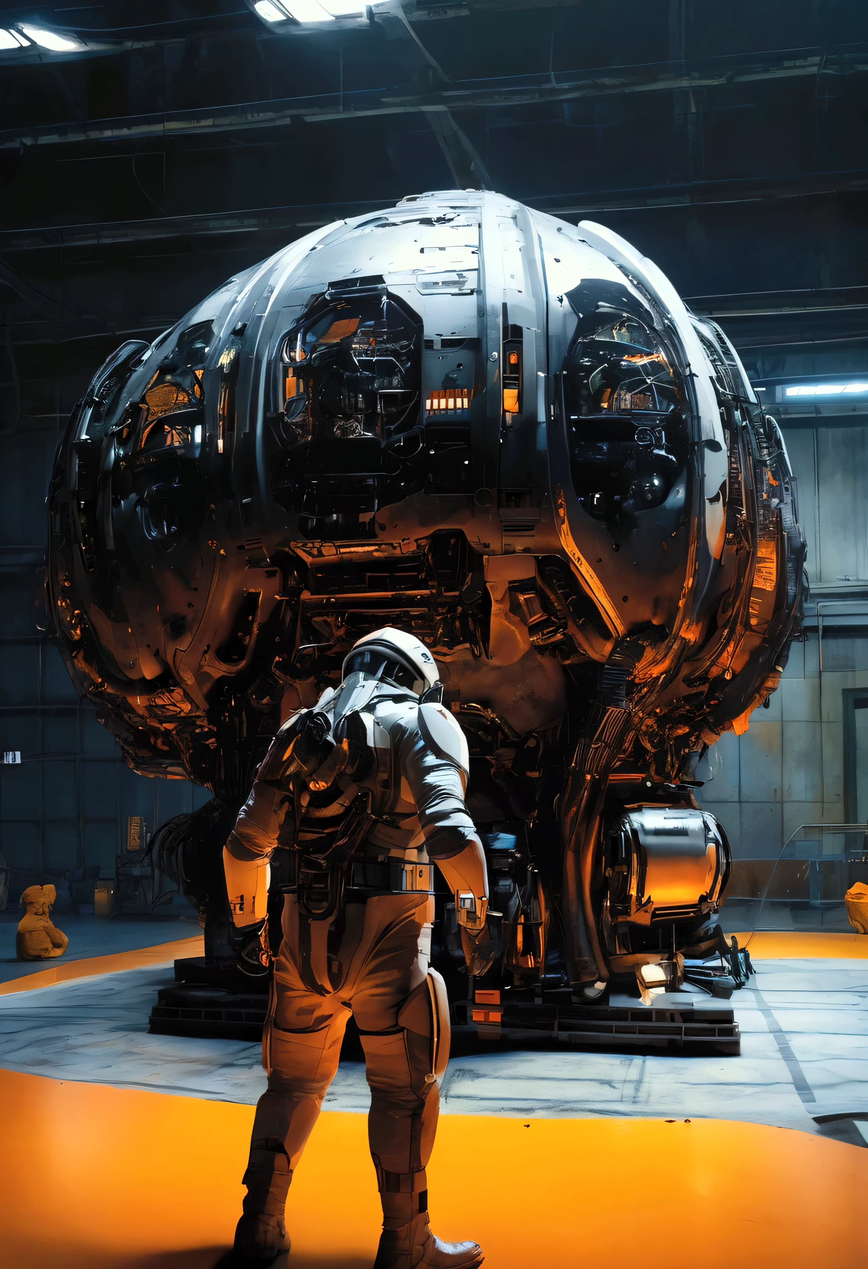 A huge, spherical sci-fi engine sits in a dark hangar. The engine has a heavy, black exterior, with its internal parts and ring-shaped sections glowing orange. There are many futuristic mechanical details all around, giving the image a sophisticated industrial design. A person is standing with their back turned, as if observing the engine. The person is wearing a space suit or a futuristic suit, and the overall atmosphere is cinematic and heavy. Dark, mysterious lighting illuminates the dust and thin mist in the air, creating a visual reminiscent of a scene from a sci-fi movie.