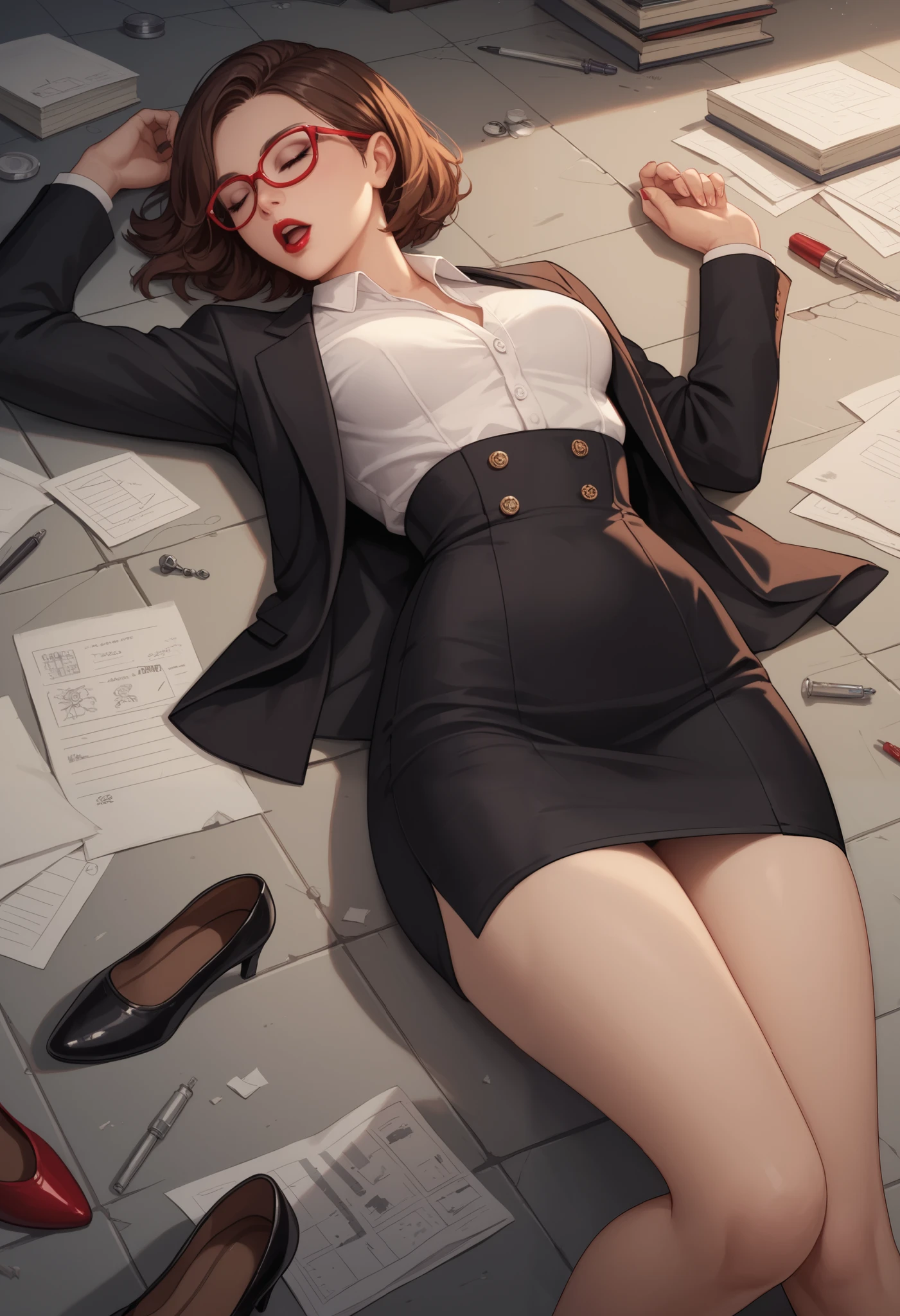 Sexy woman, Bob hair, Brown hair, red glasses, closed eyes, black eyes, red lipstick, small breast, curvy, White formal shirt, black skirt, black formal jacket, black formal shoes, walk in abandoned laboratory, fainted, lying on the floor, Open mouth