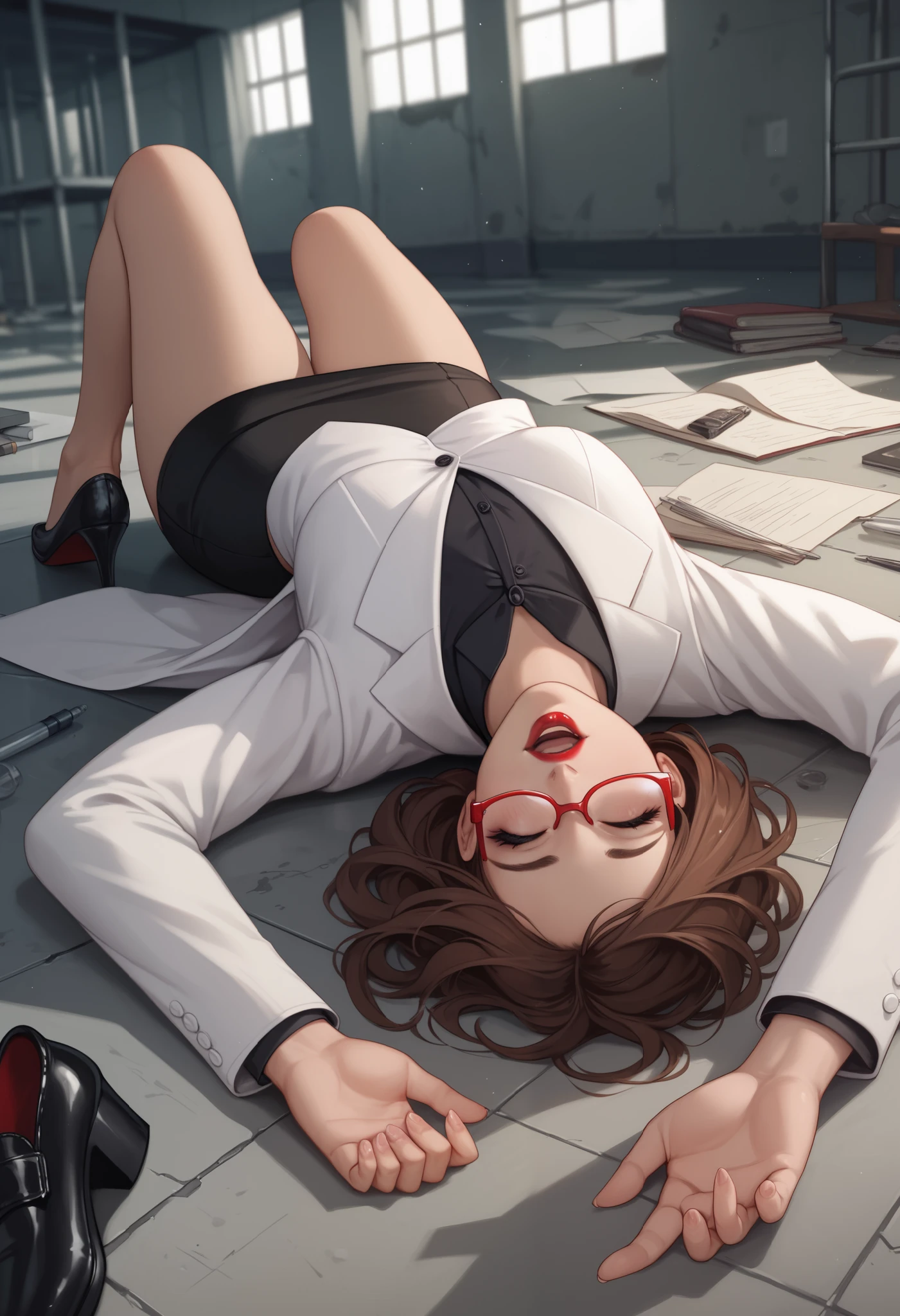 Sexy woman, Bob hair, Brown hair, red glasses, closed eyes, black eyes, red lipstick, small breast, curvy, White formal shirt, black skirt, black formal jacket, black formal shoes, walk in abandoned laboratory, fainted, lying on the floor, Open mouth 