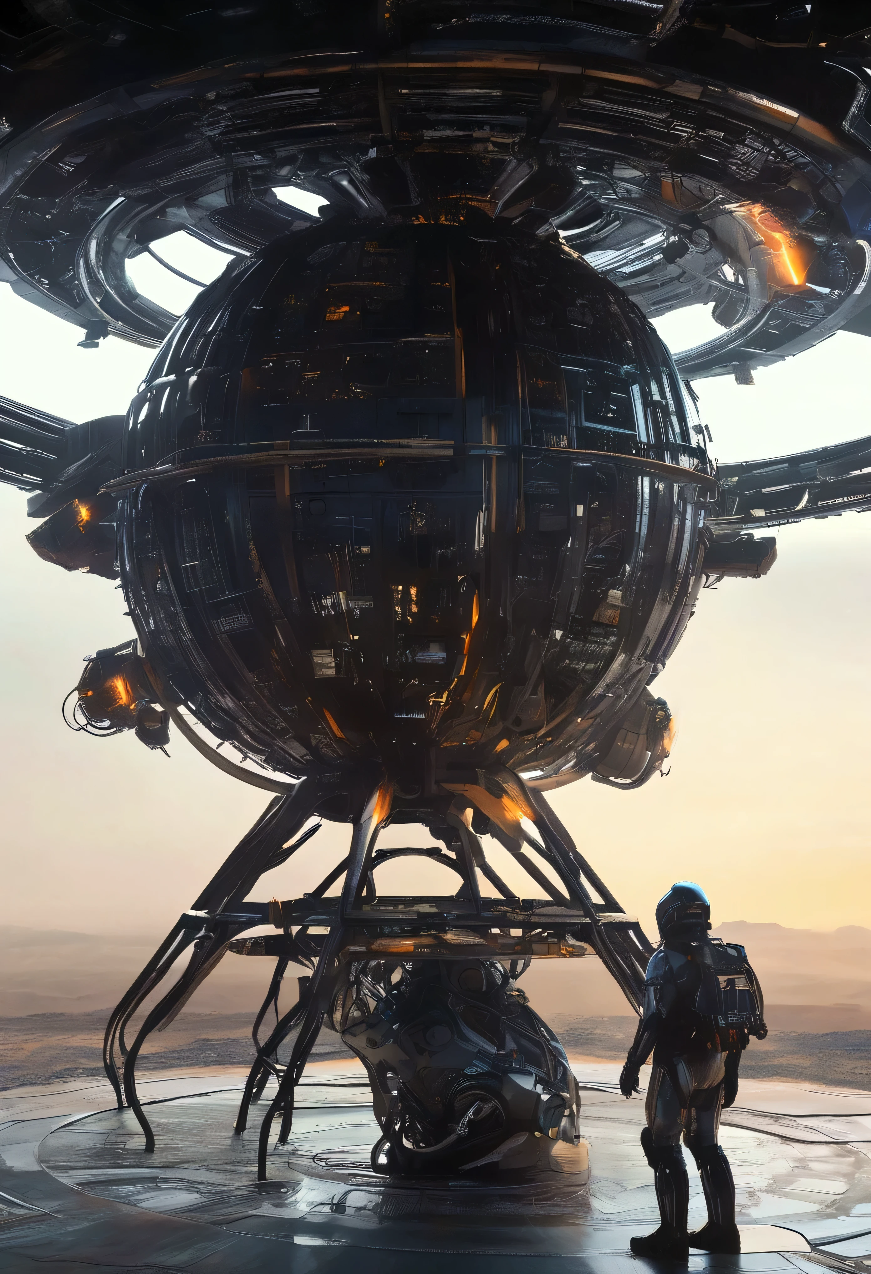 A huge, spherical sci-fi engine sits in a dark hangar. The engine has a heavy, black exterior, with its internal parts and ring-shaped sections glowing orange. There are many futuristic mechanical details all around, giving the image a sophisticated industrial design. A person is standing with their back turned, as if observing the engine. The person is wearing a space suit or a futuristic suit, and the overall atmosphere is cinematic and heavy. Dark, mysterious lighting illuminates the dust and thin mist in the air, creating a visual reminiscent of a scene from a sci-fi movie.