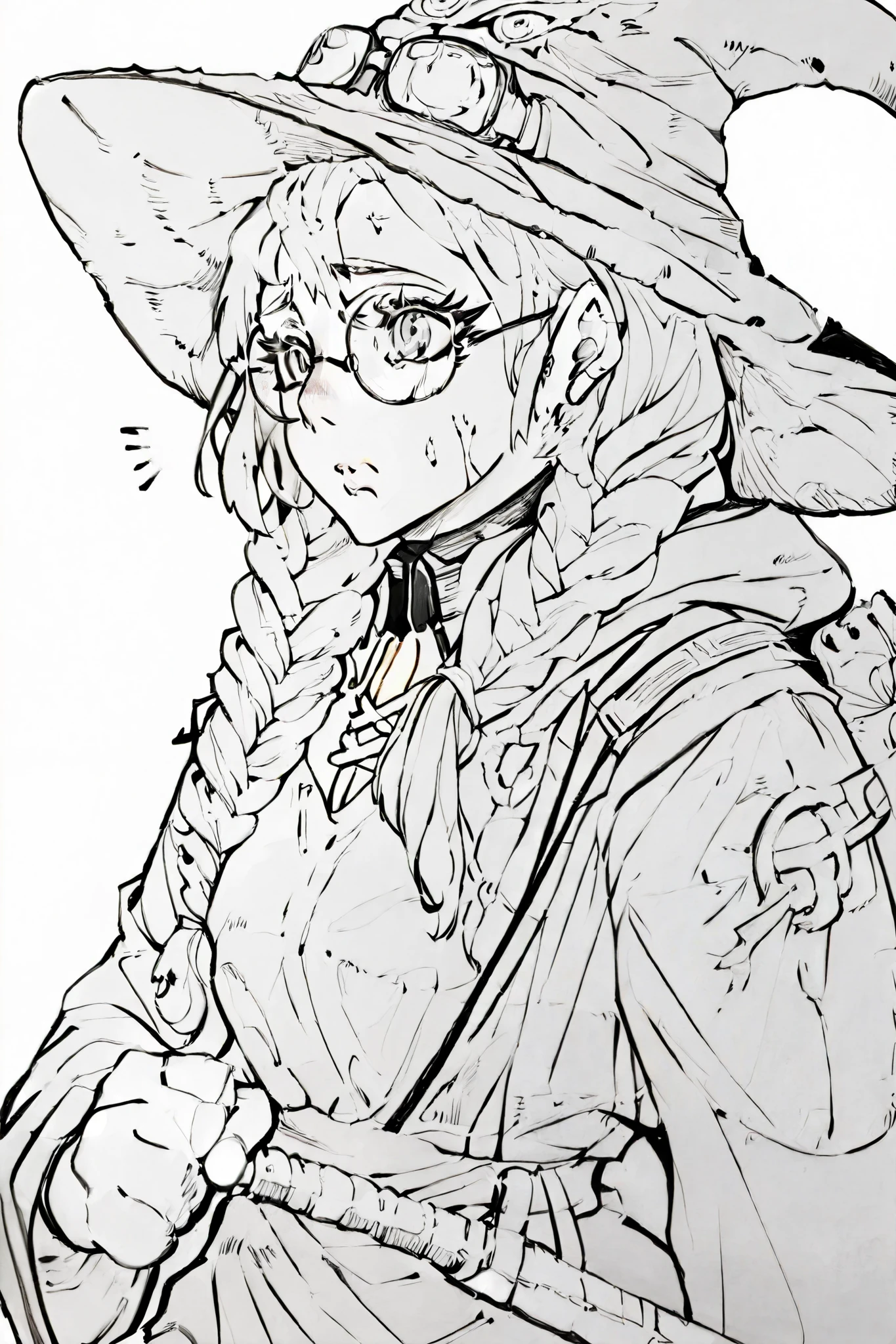 score_9, score_8_up, score_7_up, score_6_up, score_5_up, score_4_up,
BREAK
(masterpiece: 1.0), best quality, perfect anatomy, perfect composition, perfection,
BREAK
line-art, lineart, monchrome, greyscale, masterpiece. kdm style, no color
BREAK
1girl, perplexed expression, round glasses, confused, white hair, long eyelashes, long hair, braid over shoulder, witch hat, witch dress, Cute, grey eyes, defined eyelashes