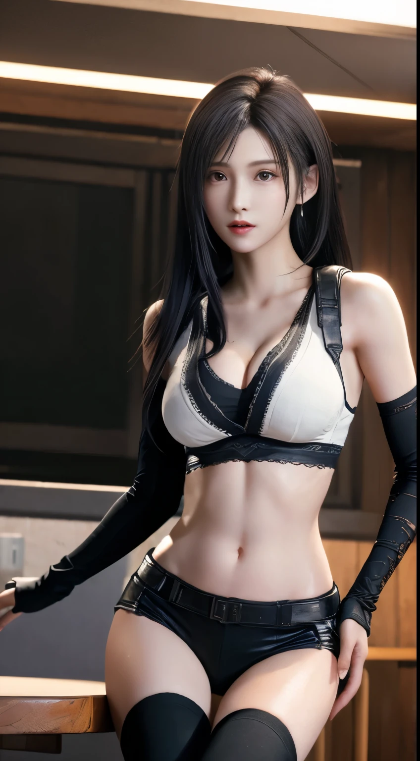 1girl, tifa lockhart, photorealistic, red eyes, black hair, white bra, wet shirt, torn skirt, cropped torso, extremely detailed, intricate details, cinematic lighting, hyper realistic, 8k, masterpiece, detailed rendering, volumetric lighting, highly detailed facial features, realistic skin texture