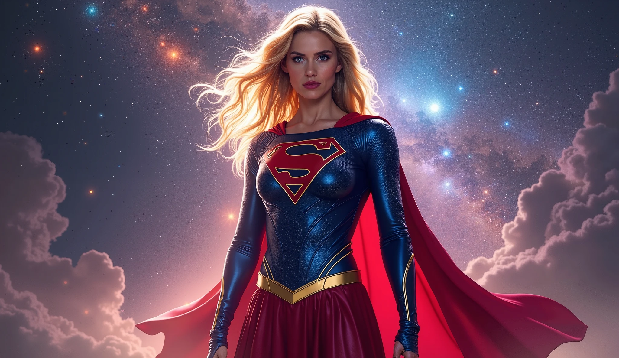 The female version of the character Superman, perfect costume, long red cape, smooth curves, extremely beautiful blue eyes, perfect long blond hair, beautiful planets in background