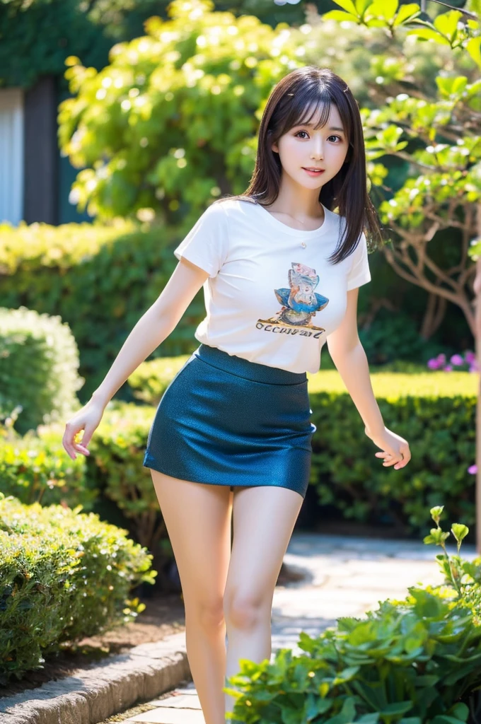 1 girl riding a thoroughbred、Bob、Medium breast、smile、T-Shirts、Pleated mini skirt with slit、masterpiece:1.3、Raw photo、最高masterpiece、Jumping over obstacles、Detailed image quality、Detailed Background、