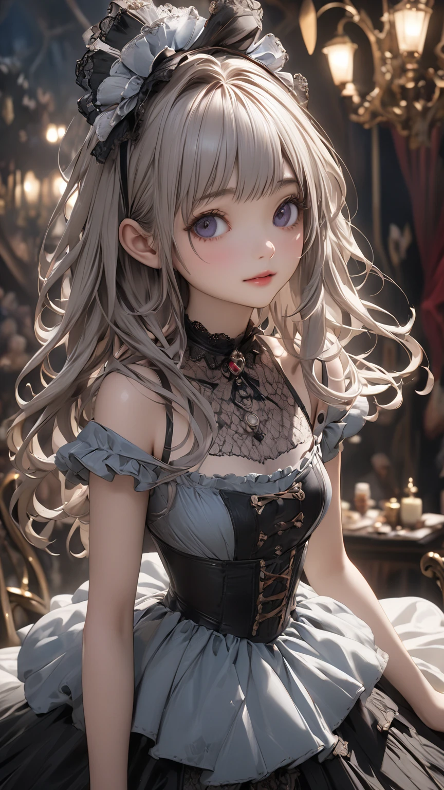 1 girl in、tiny chest、Blonde ponytail、Upper body view、Outrageous resolution、hight resolution、(masterpiece:1.4)、ultra-detailliert、Crisp details、Dramatic and photorealistic pictorial art、girl in sexy lolita costume、A smile full of cuteness、Gray wallpaper background、