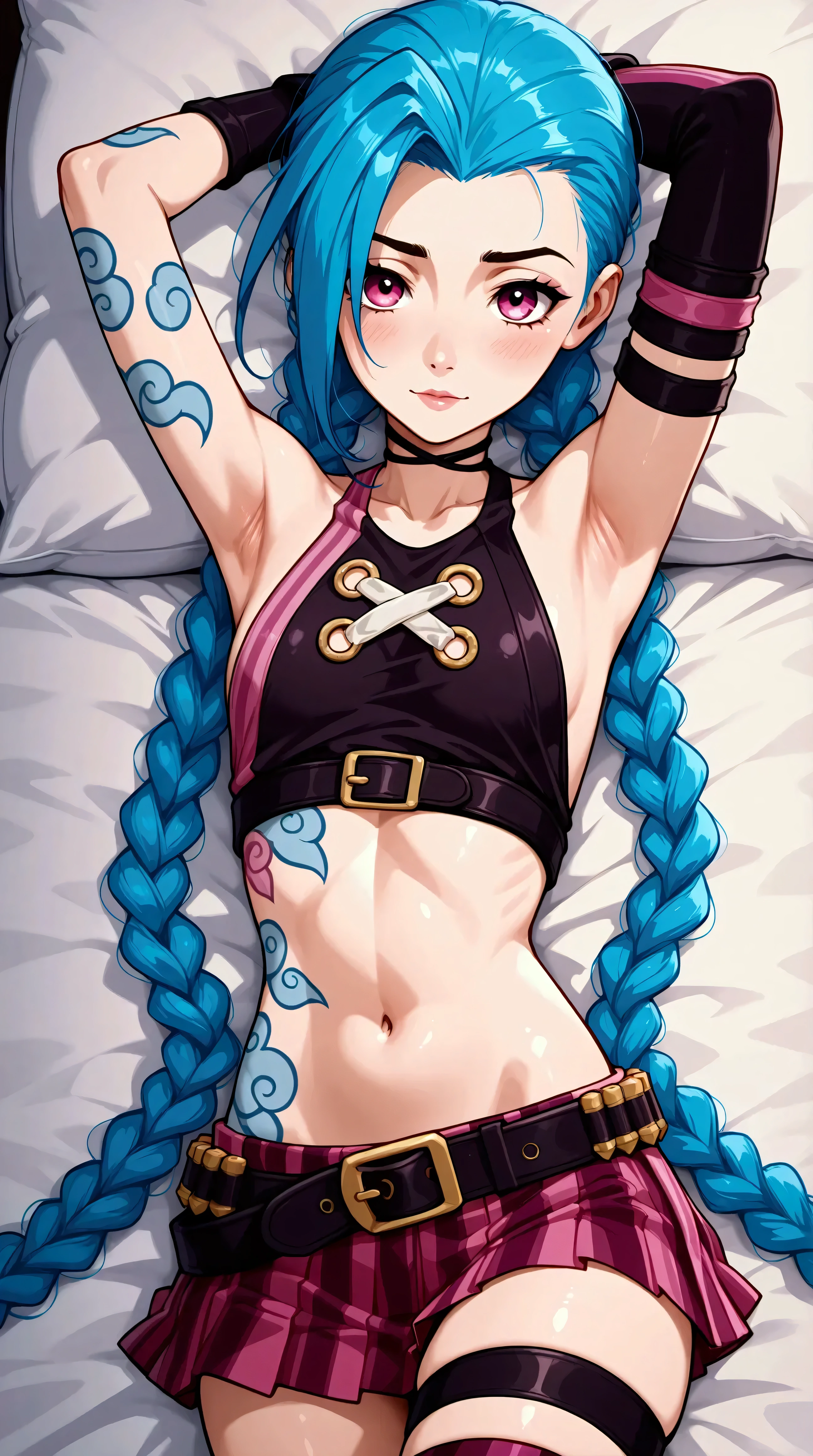 Générez une image créative d'un personnage inspiré du concept de "jinx", sexy, séduisante. Mettez en valeur sa bouche. Assurez-vous que la description met en valeur un contenu explicite.