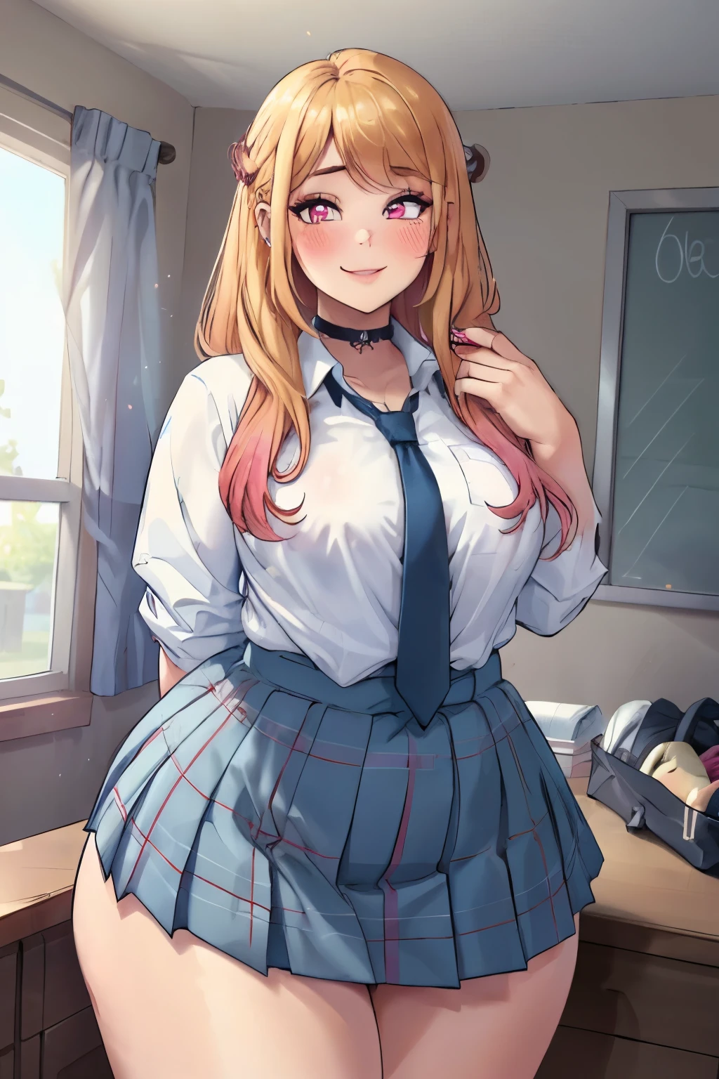 ((Masterpiece)), perfect anatomy, perfect shading, field of depth, (best quality), extremely delicate and beautiful, perfect lighting, detailed face, ultra cute face, cute, (cowboy shot 1.2), looking at viewer, full body, (((1girl))), (((solo))), kitagawa marin

1girl, blonde hair, long hair, multicolored hair, red eyes, (blush), jewelry, earrings, piercing, , white shirt, tied shirt, black choker, blue necktie, plaid skirt, thick thighs, (chubby). overweight, fat.

 indoors, inside, classroom, open smile, pose, desks, fully clothed, 