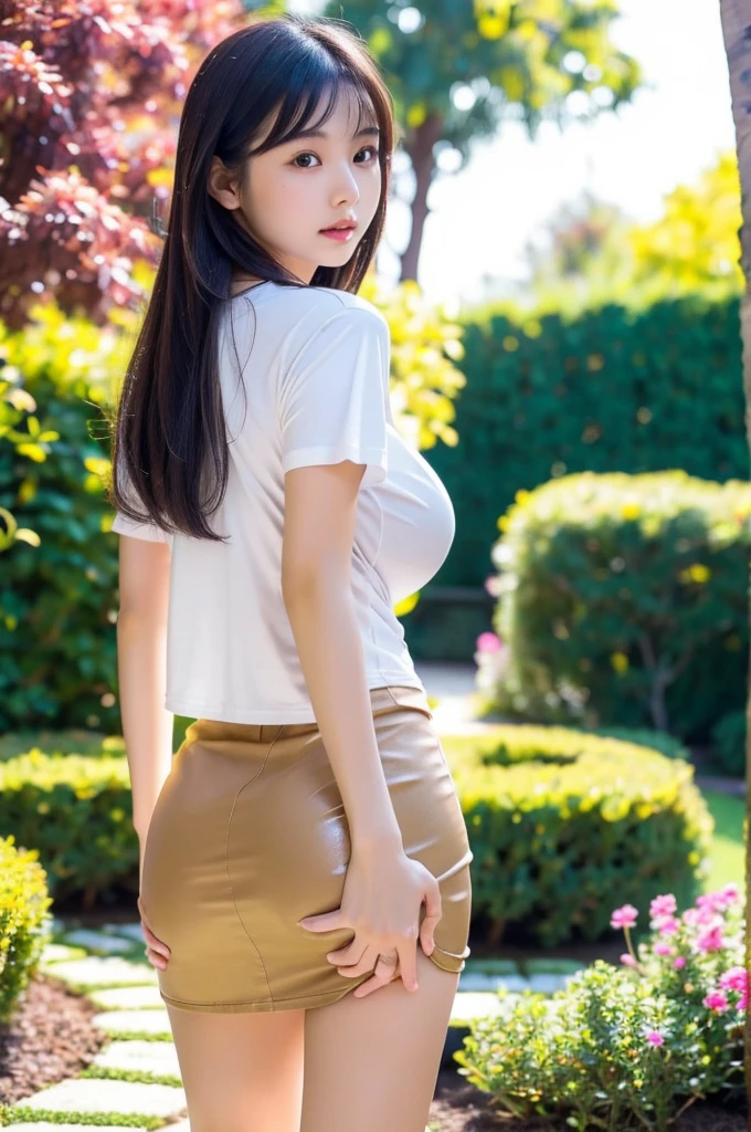 ultra high realistic in a tiny yellow skirt , long dark hair , green eyes , sexy breasts , on high heels , 8K resolution , standing in a forest , show from behind