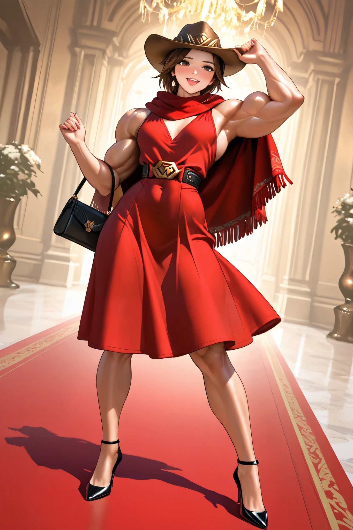 Cassidy genderswapped, from Overwatch, brown hair, high heeled shoes, holding a clutch handbag, wearing a red poncho dress, high fashion model, cowboy hat, at a red carpet event for a movie premiere, super excited, blushing, Exquisite visuals, high-definition,masterpiece,best quality,Exquisite visuals,high-definition,masterpiece,best quality,23yo, high heels, face, Beautiful character design, huge muscles, biceps, abs , muscular female, -slightmuscle- -bulky- -bodybuilder- -hypermuscle-, full body,
narrow waist, bare shoulders, small breasts, Swedish angle, broad shoulders, muscular shoulders, defined triceps,